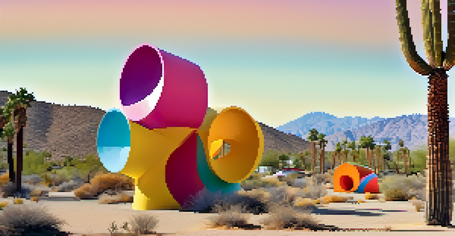 A colorful art installation in the Palm Springs desert, surrounded by native plants and a clear blue sky.
