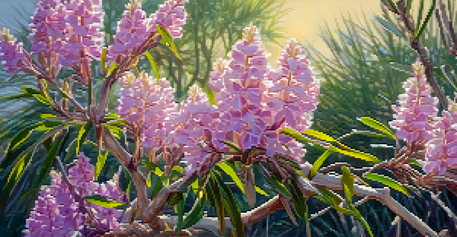 A close-up of a Desert Willow tree with pink and purple trumpet-shaped flowers, set against a softly blurred desert background.