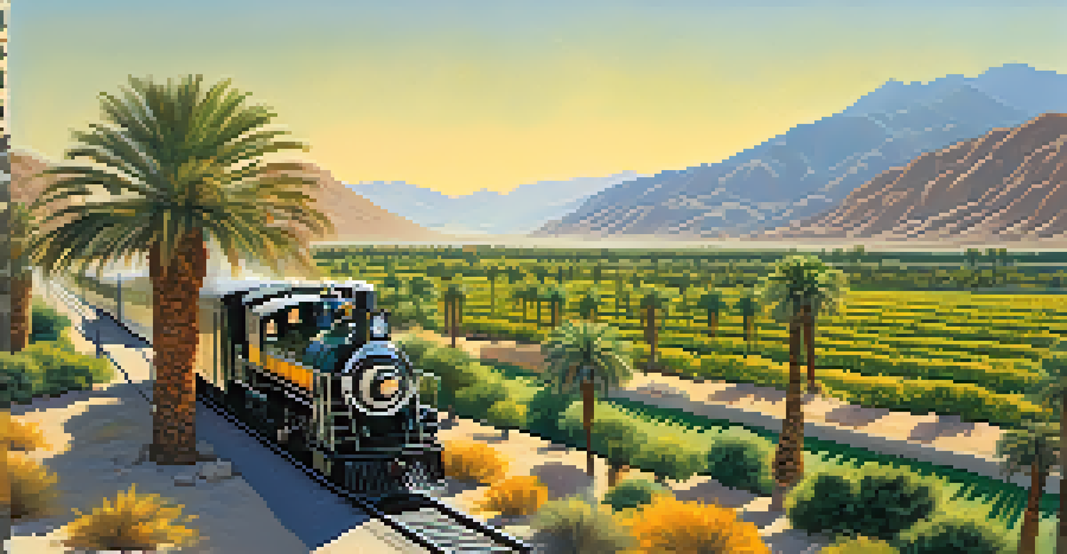 Aerial view of a vintage train on Coachella Valley Railroad surrounded by date palms and citrus groves with mountains in the background.