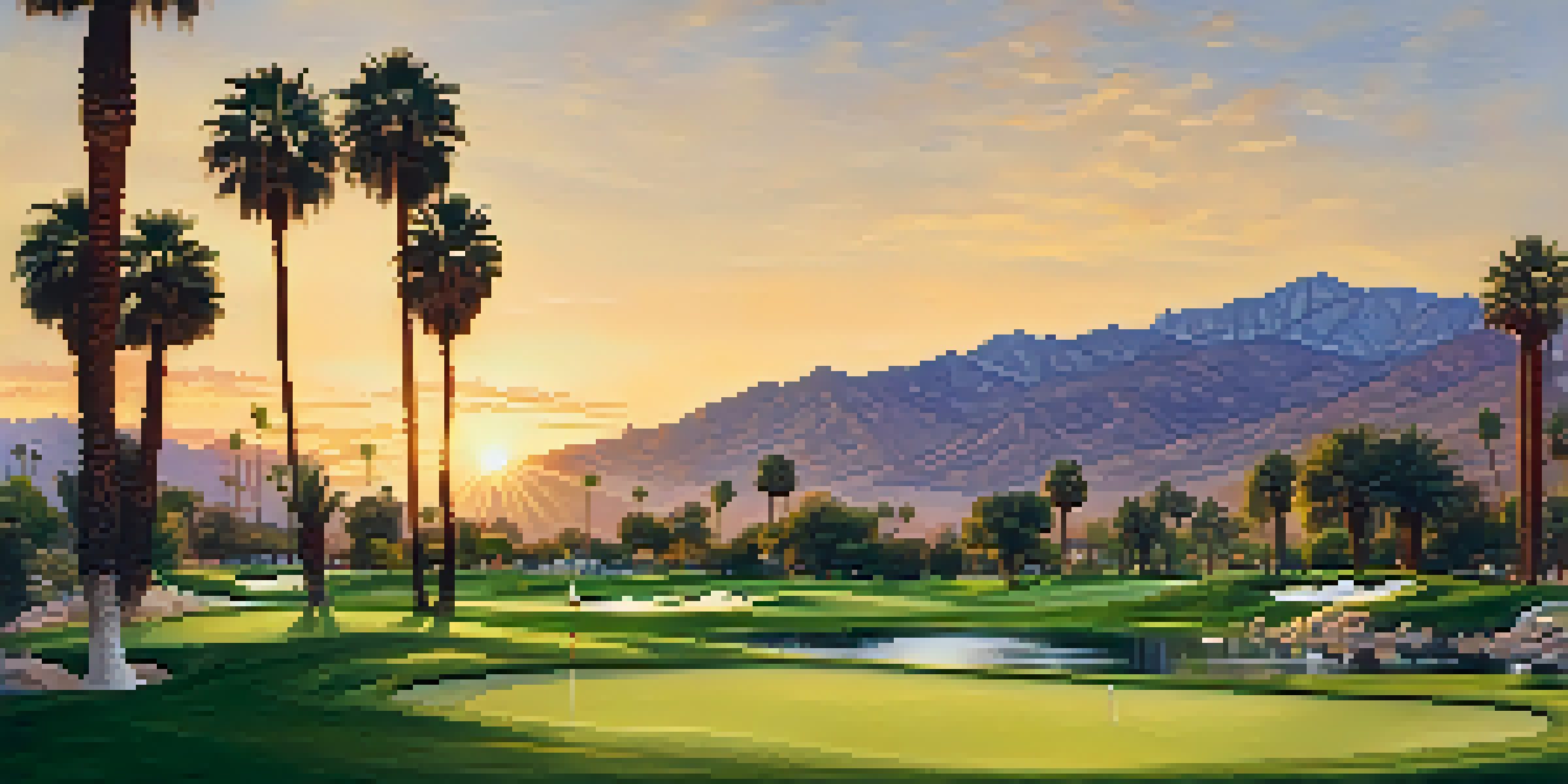 A scenic sunset view of Palm Springs Country Club with lush greens and palm trees against the mountains.