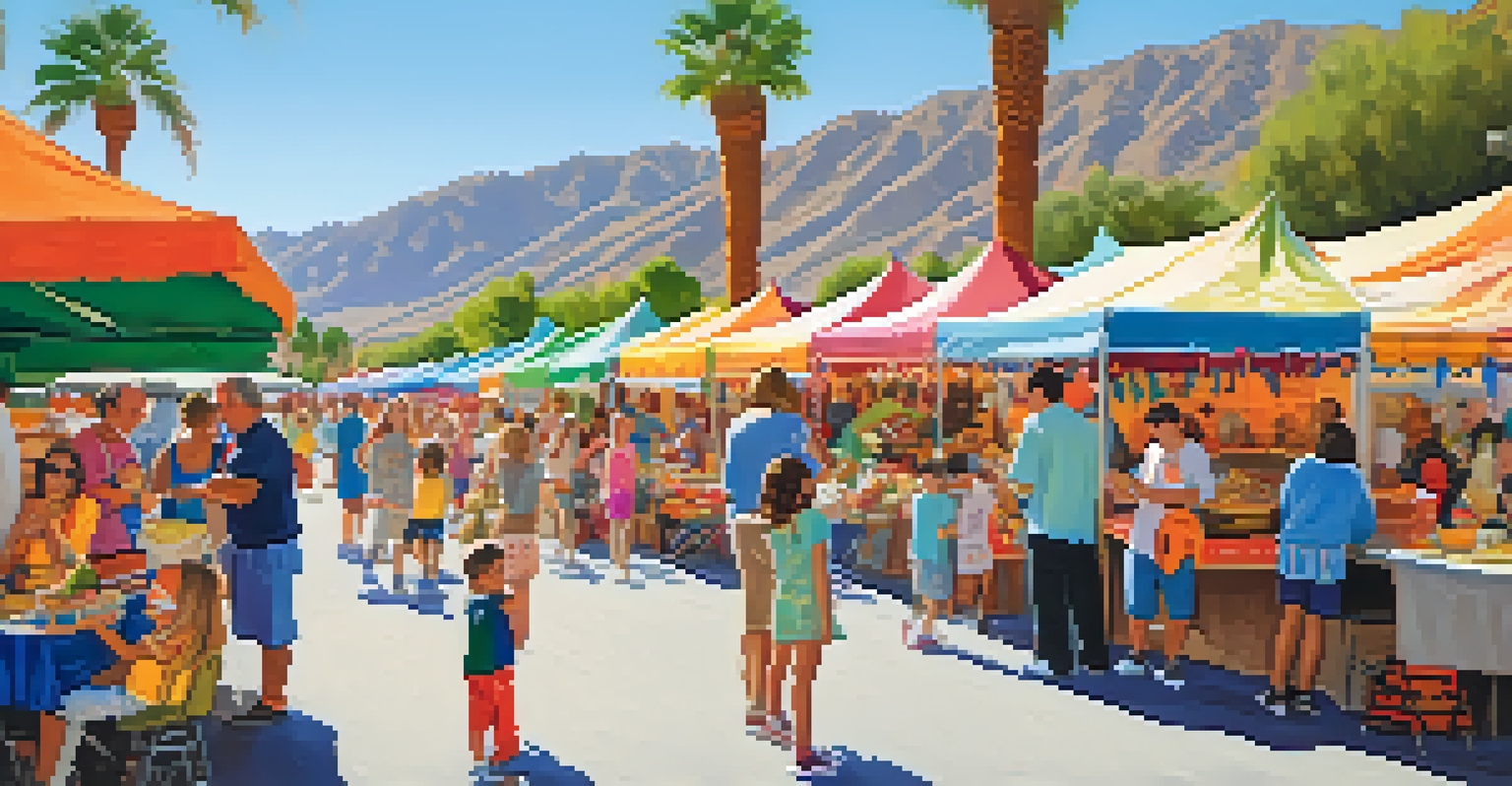 Families enjoying a vibrant street fair in Palm Springs with food stalls and children's activities.