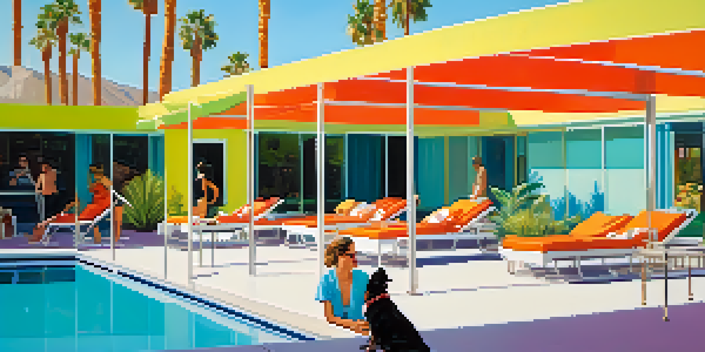 A colorful hotel pool area with a dog relaxing next to its owner, surrounded by palm trees and a sunny sky.
