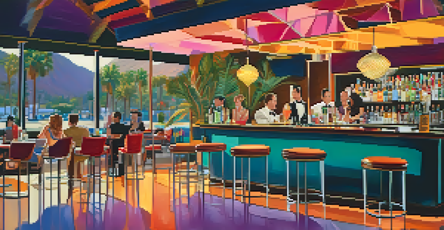 A stylish cocktail bar in Palm Springs with retro decor, guests enjoying drinks, and a bartender preparing cocktails in a warm-lit atmosphere.