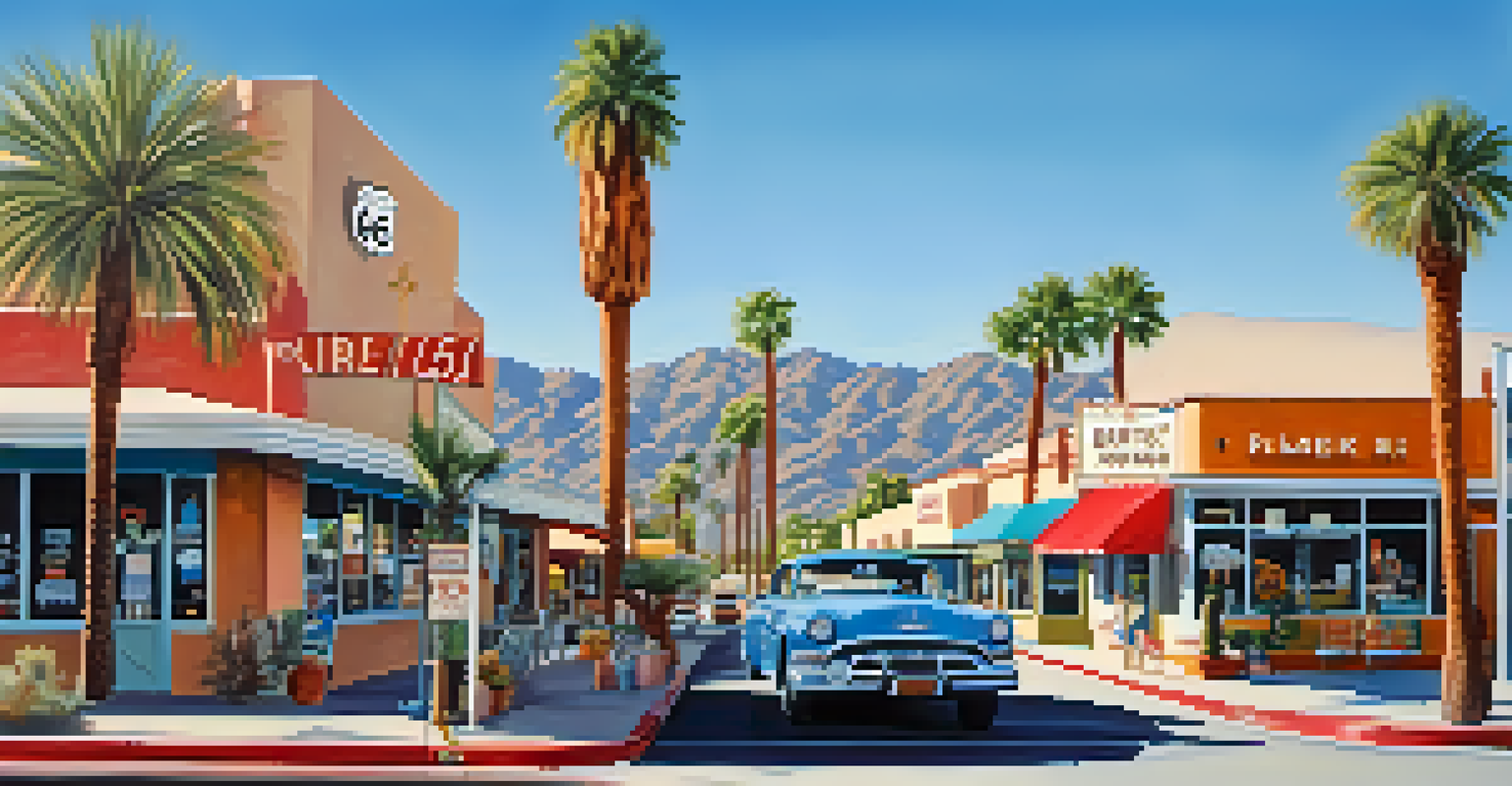 The retro Route 66 sign in downtown Palm Springs, framed by palm trees and bright shops under a clear sky.