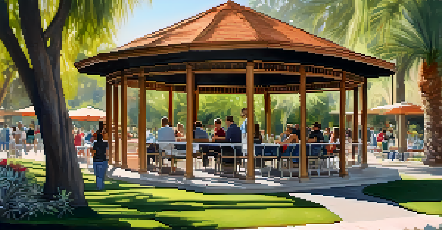 A gazebo in a Palm Springs park filled with people enjoying drinks and conversation under the shade.