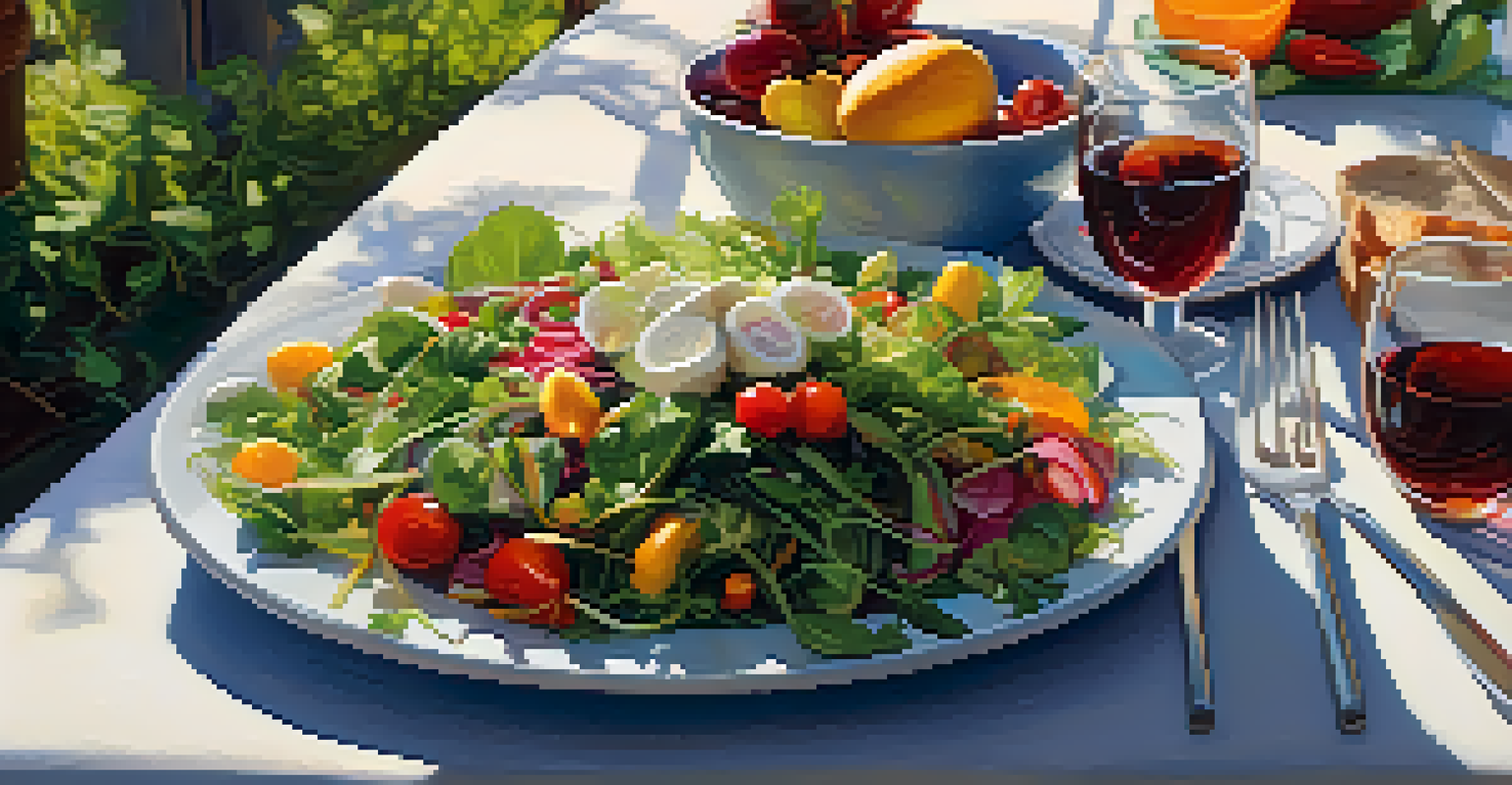 An outdoor dining table set with a colorful salad made from fresh local ingredients.