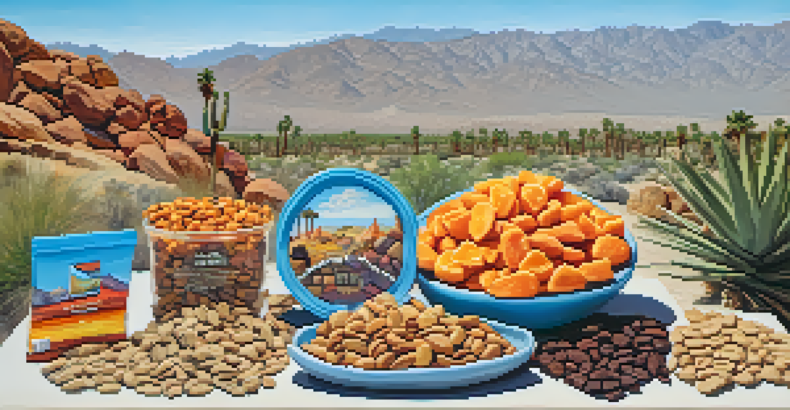 A variety of healthy hiking snacks placed on a rock with desert scenery behind them.