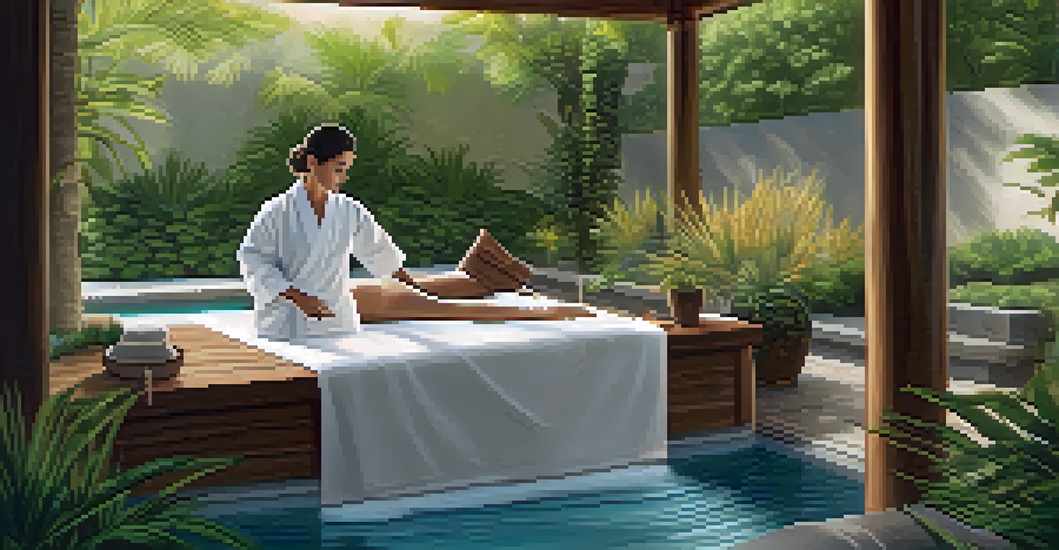 A serene outdoor spa scene with a massage treatment taking place amidst natural elements, conveying a sense of relaxation and tranquility.