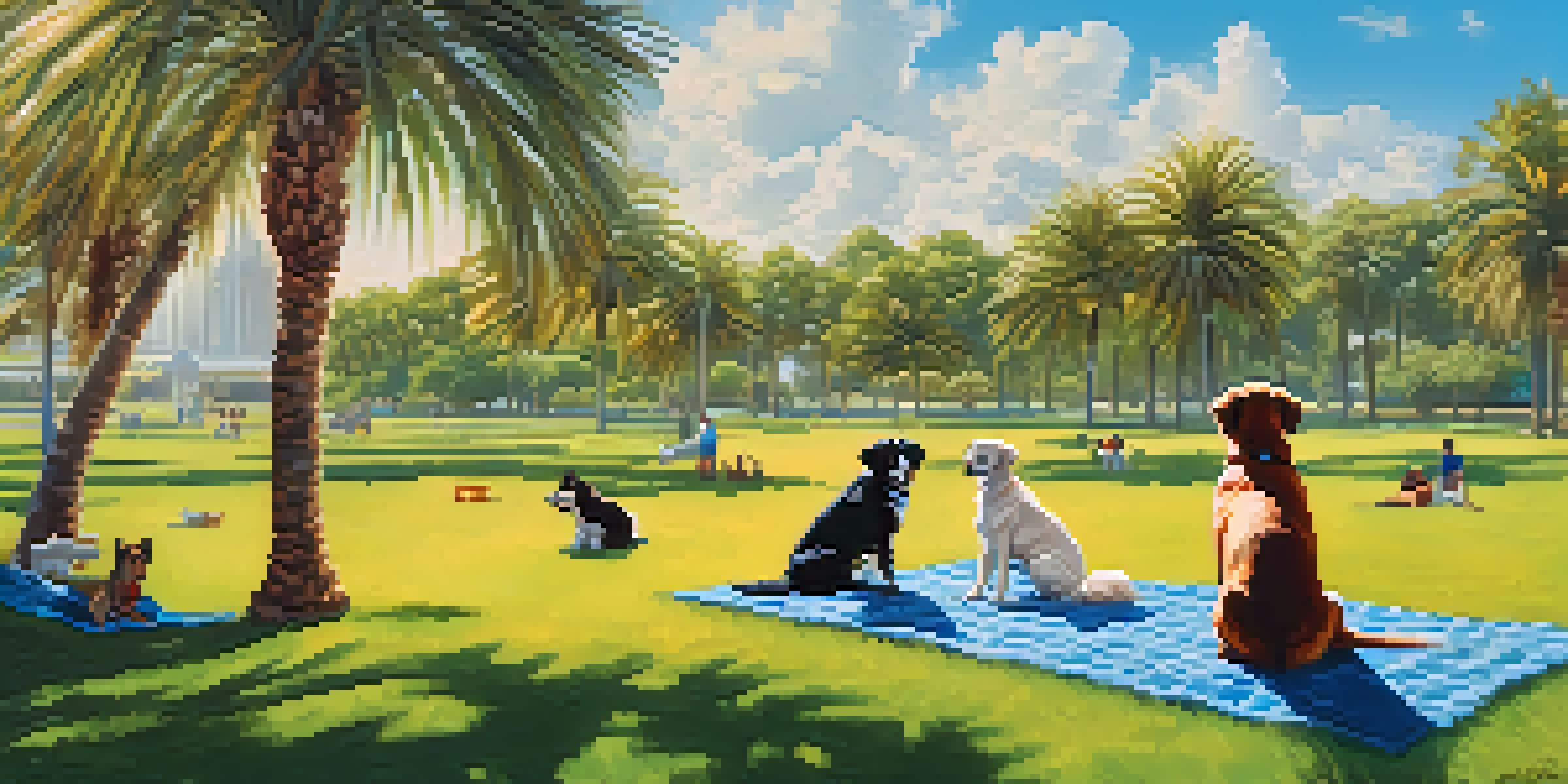 A sunny park filled with dogs playing and a person relaxing on a picnic blanket under palm trees.