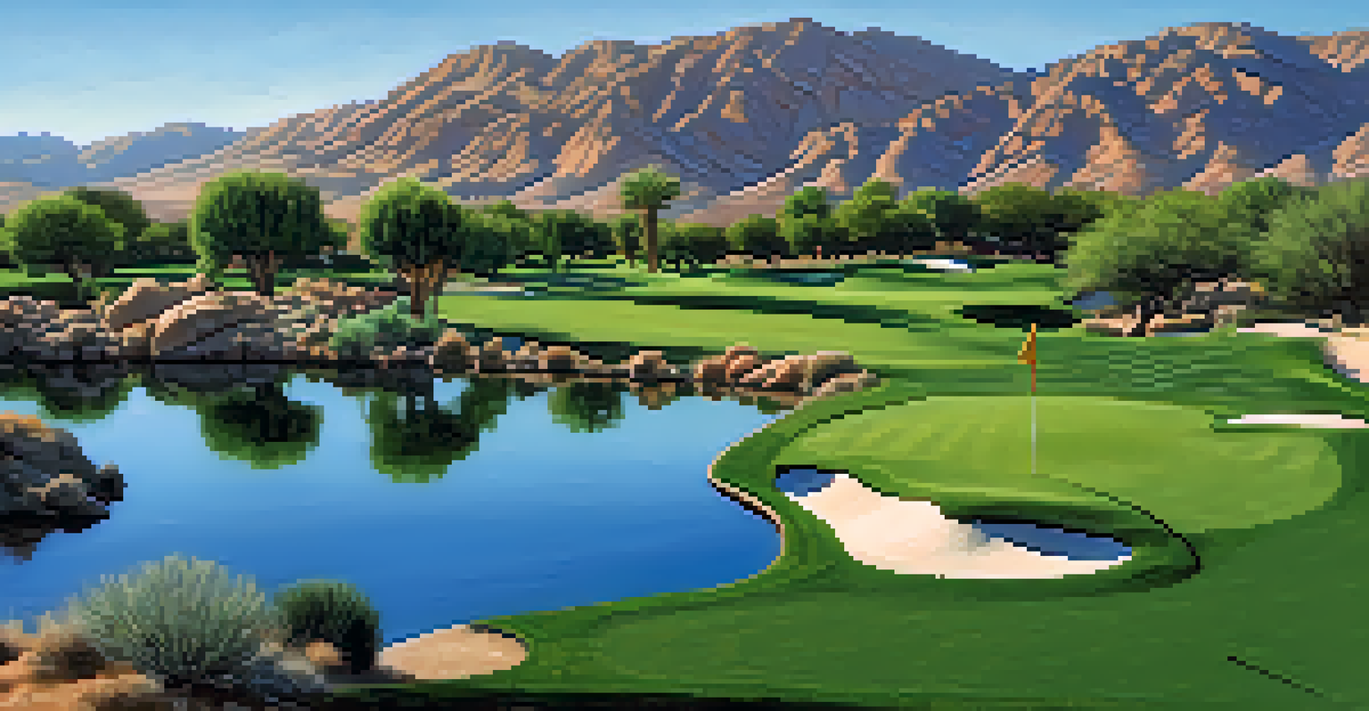 A golfer taking a swing on the Firecliff Course at Desert Willow Golf Resort, with a scenic desert background.