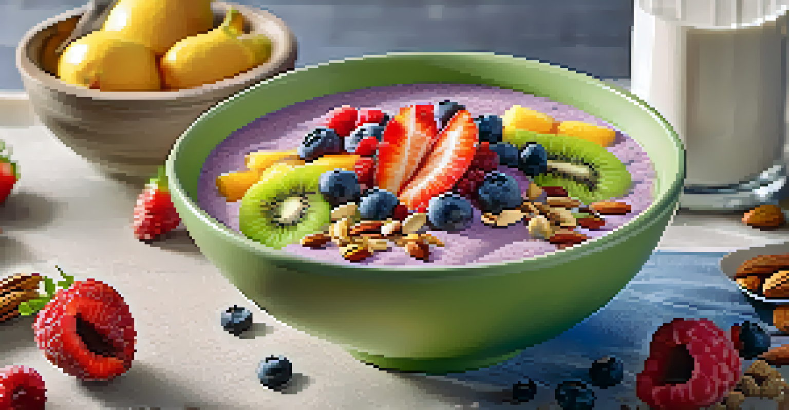 A colorful smoothie bowl topped with fresh fruits, nuts, and seeds, displayed in a bright kitchen.
