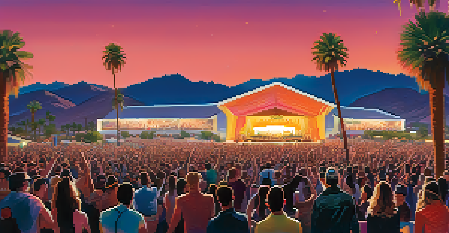 A vibrant rock concert at the Palm Springs Pavilion with a large crowd and colorful stage lights.