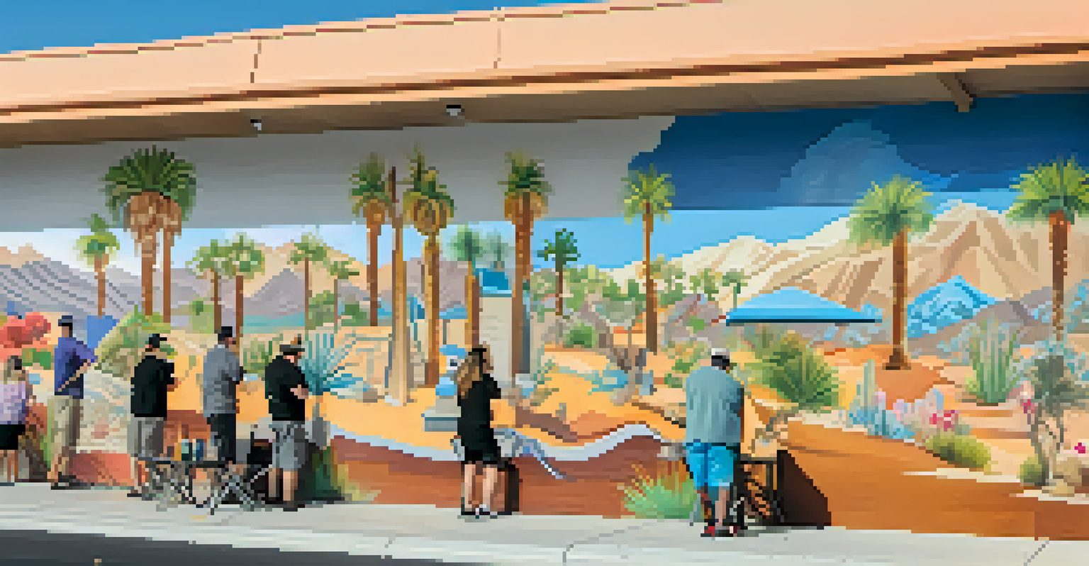 A colorful community mural in Palm Springs showing the desert landscape, with local artists and community members participating in the painting process.