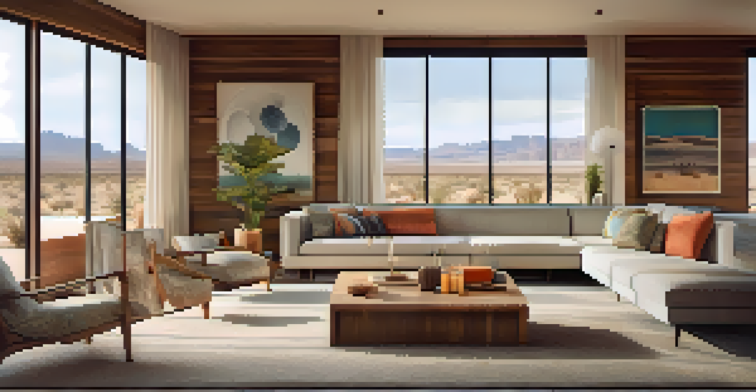 An interior of a Mid-Century Modern living room with large windows and minimalist furniture, showcasing desert views.