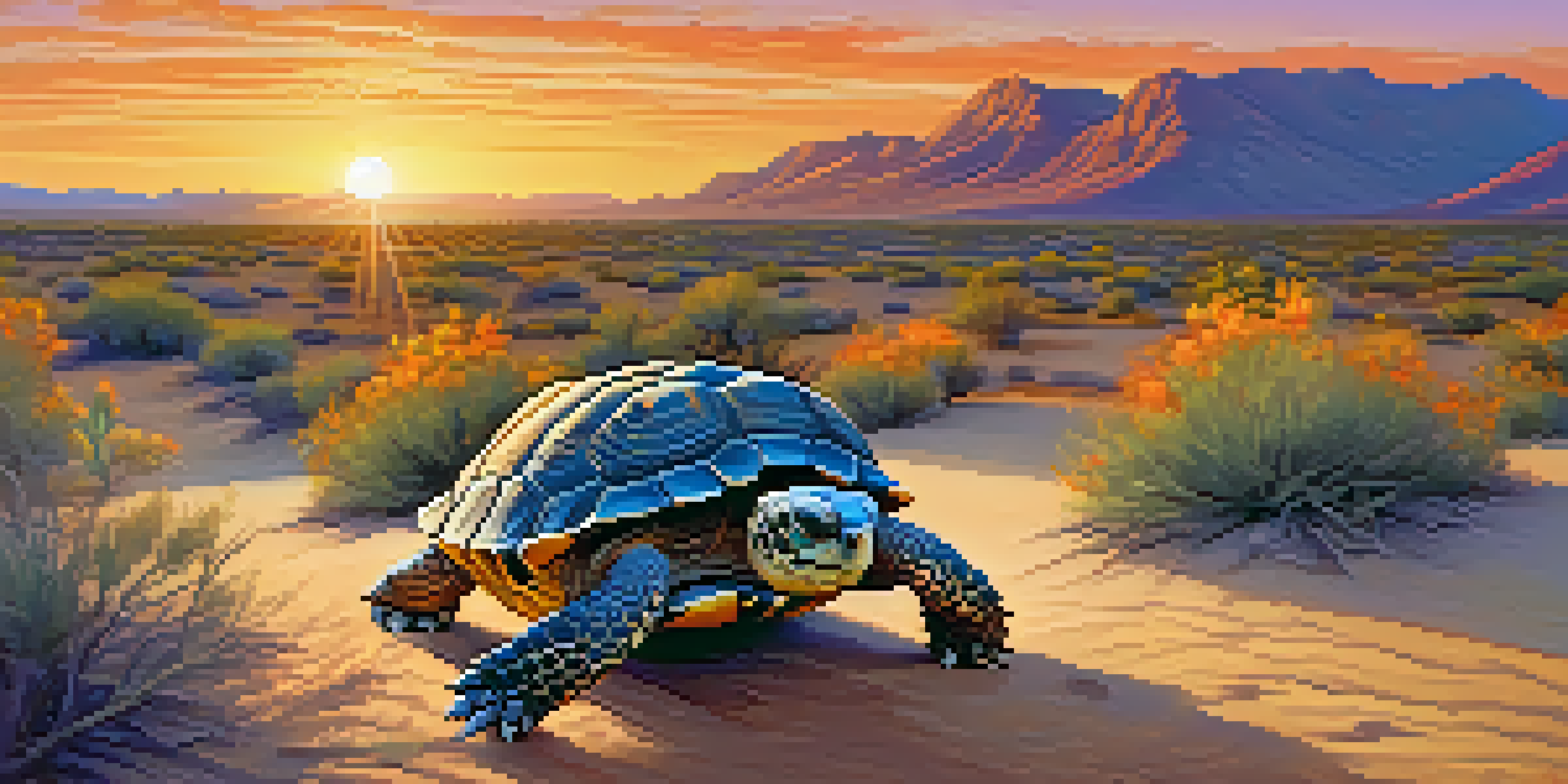 A desert tortoise crossing sandy ground amidst colorful desert plants, with a beautiful sunset in the background.
