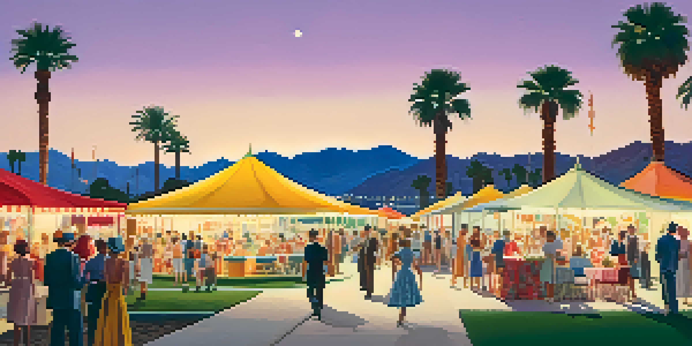 A lively festival in Palm Springs during the 1950s with mid-century modern buildings, colorful tents, and people in vintage clothing enjoying art displays under a warm sunset.