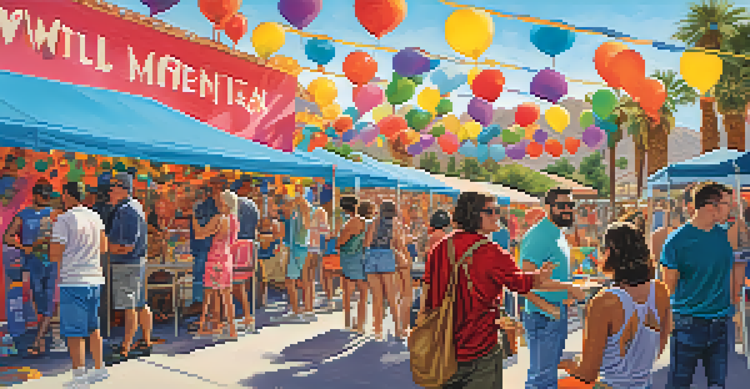 An LGBTQ+ art festival in Palm Springs with colorful booths, attendees interacting, and vibrant murals in the background.