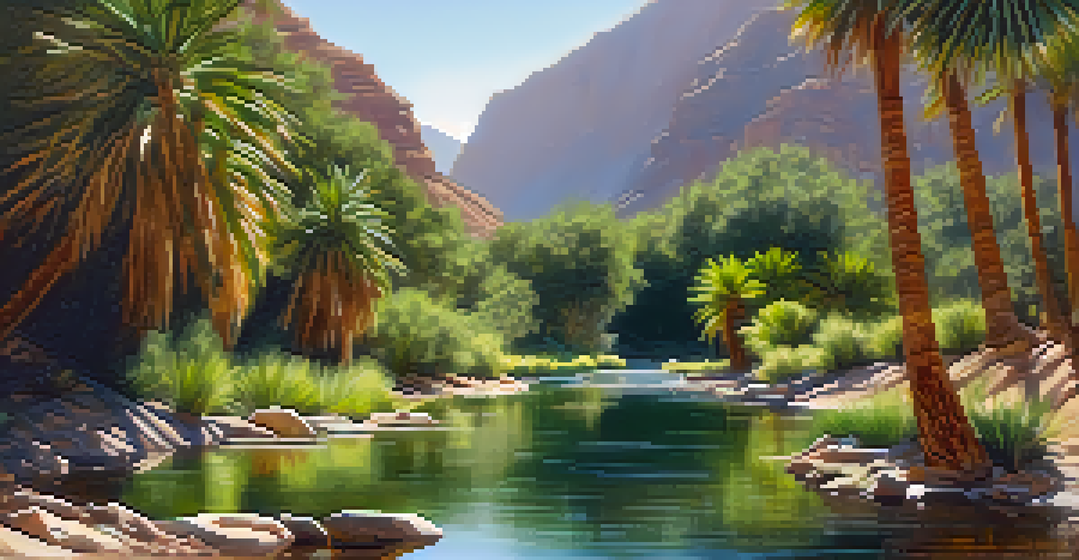 A serene stream in Indian Canyons surrounded by lush palm trees and bright green foliage under dappled sunlight.