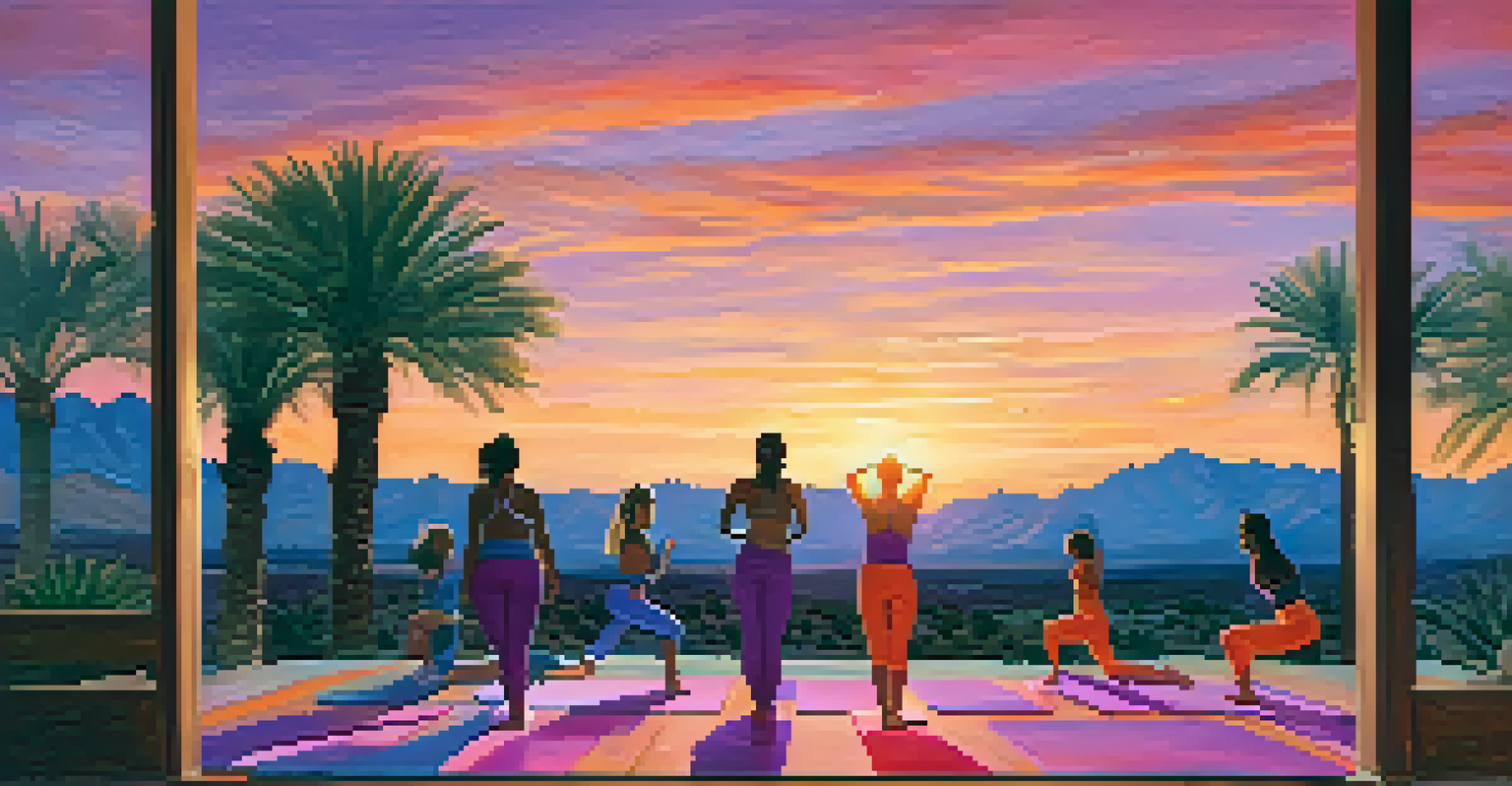 Participants practicing yoga on a terrace during an enchanting sunset in Palm Springs, with colorful skies and a tranquil desert landscape.