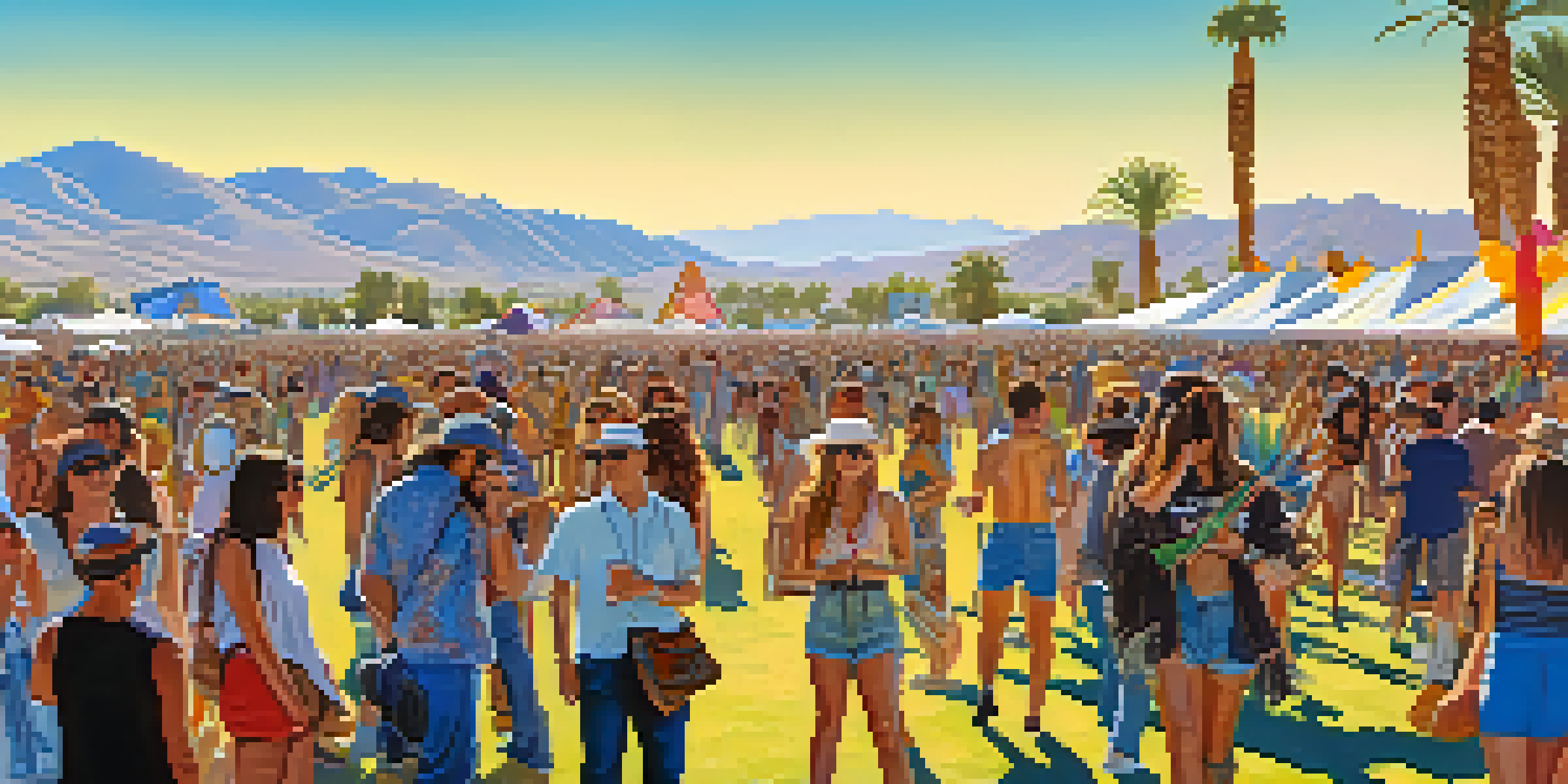 A lively festival scene with colorful crowds enjoying music in a desert setting, surrounded by art installations.