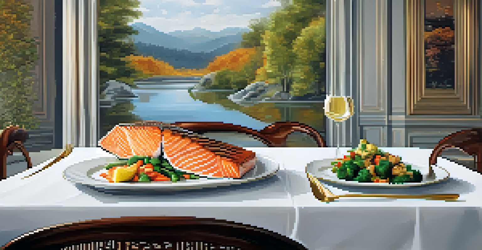 An elegantly set dining table with grilled salmon, seasonal vegetables, and quinoa, in a romantic restaurant setting.