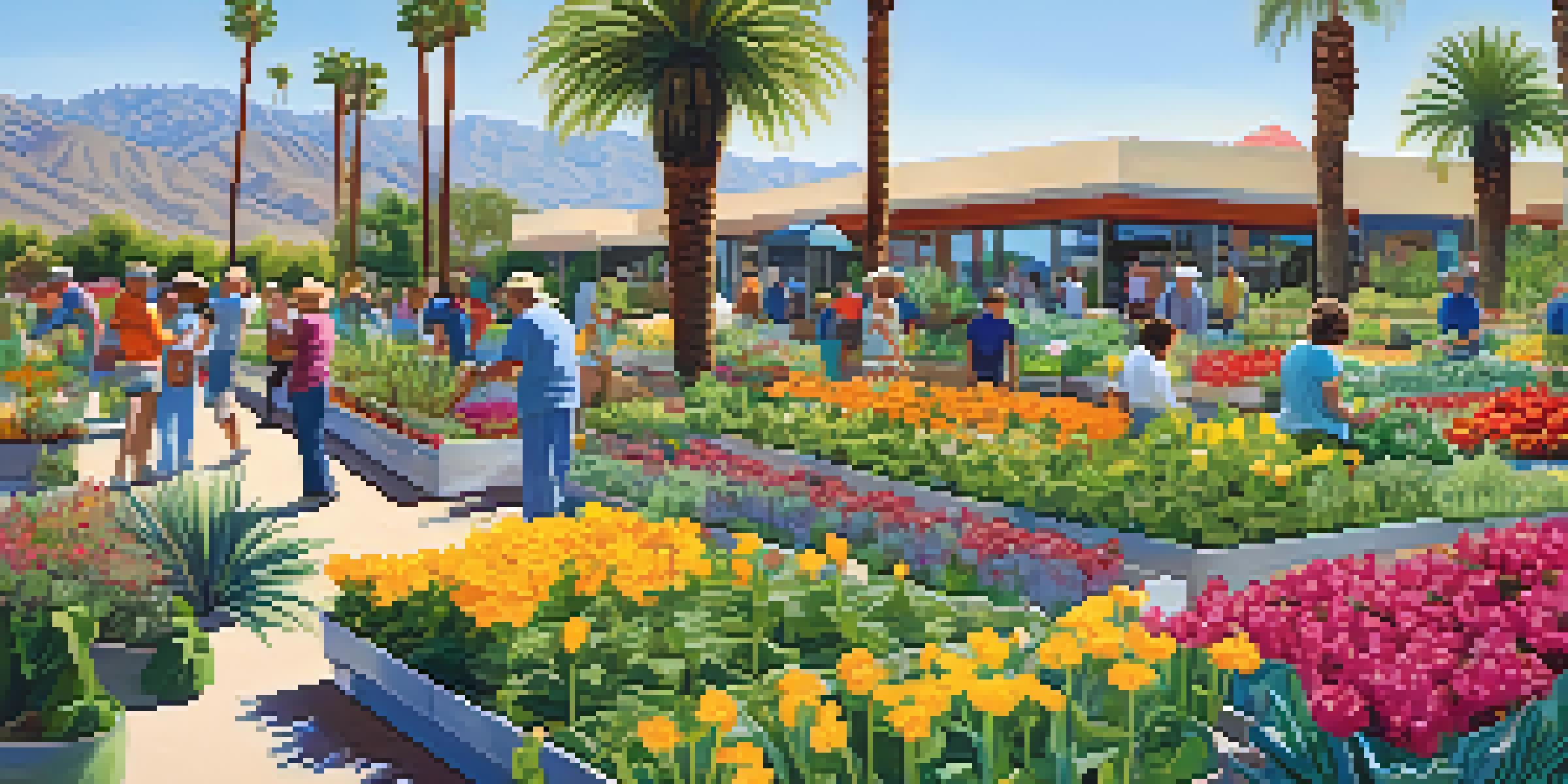 A lively community garden in Palm Springs with diverse plants and people gardening together under a sunny sky.