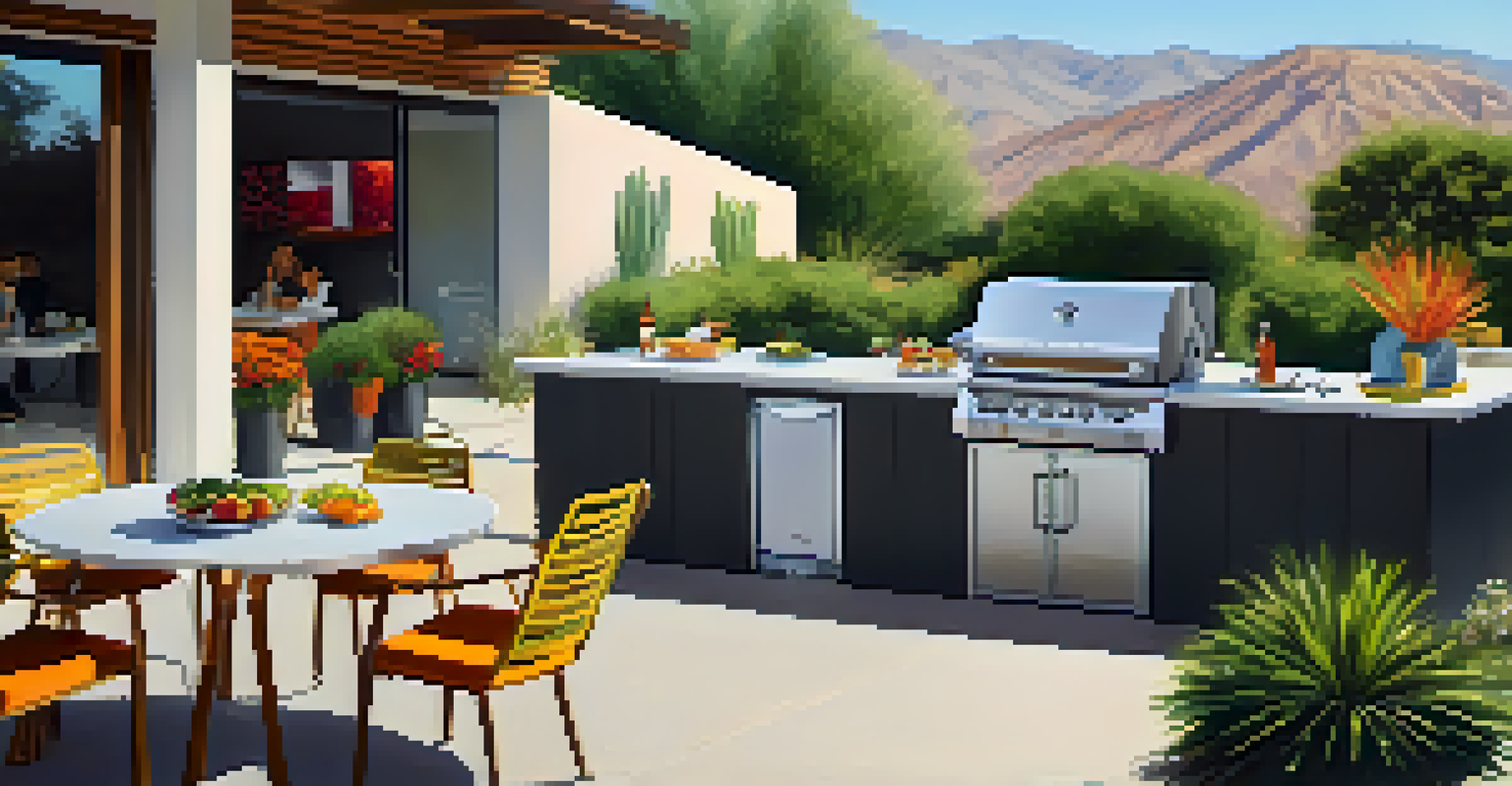 An outdoor kitchen in Palm Springs with a smart grill, a chef cooking, and friends gathered around a dining table surrounded by plants.