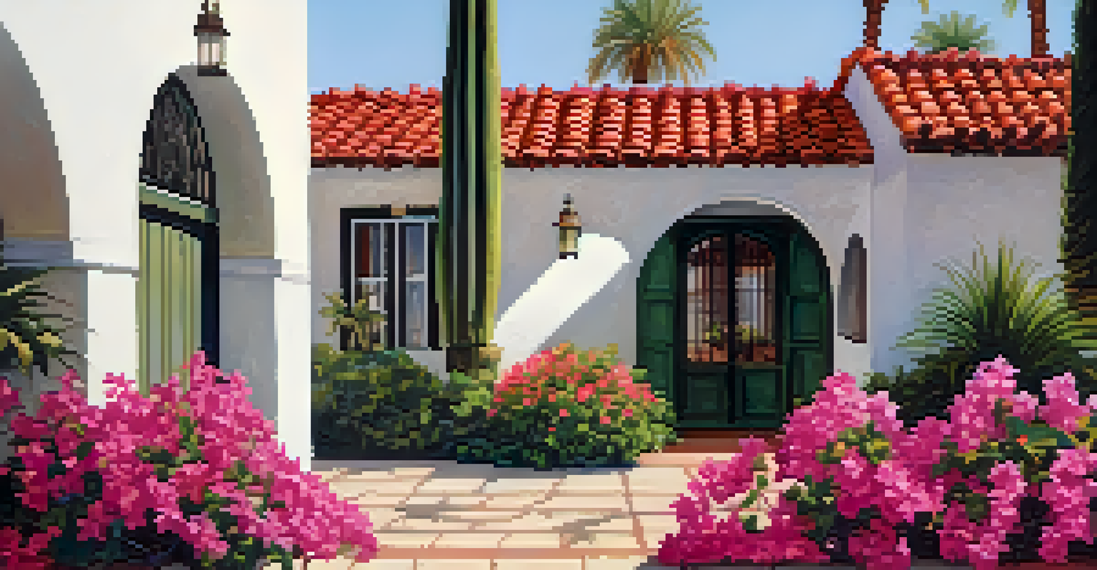 A beautiful outdoor scene in a Palm Springs historic district with Spanish Revival architecture and blooming bougainvillea.