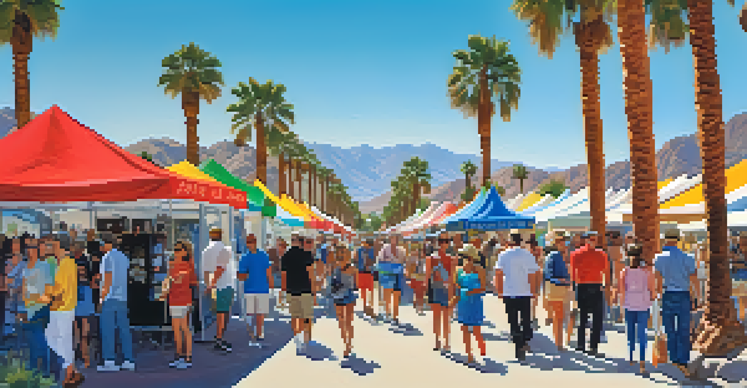 A lively outdoor art fair in Palm Springs with colorful tents and visitors exploring various artworks against a desert backdrop.