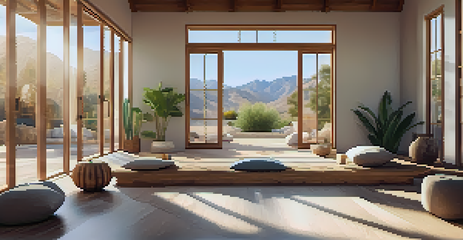 An indoor yoga and meditation space filled with natural light, cushions, and candles, designed for relaxation in Palm Springs.