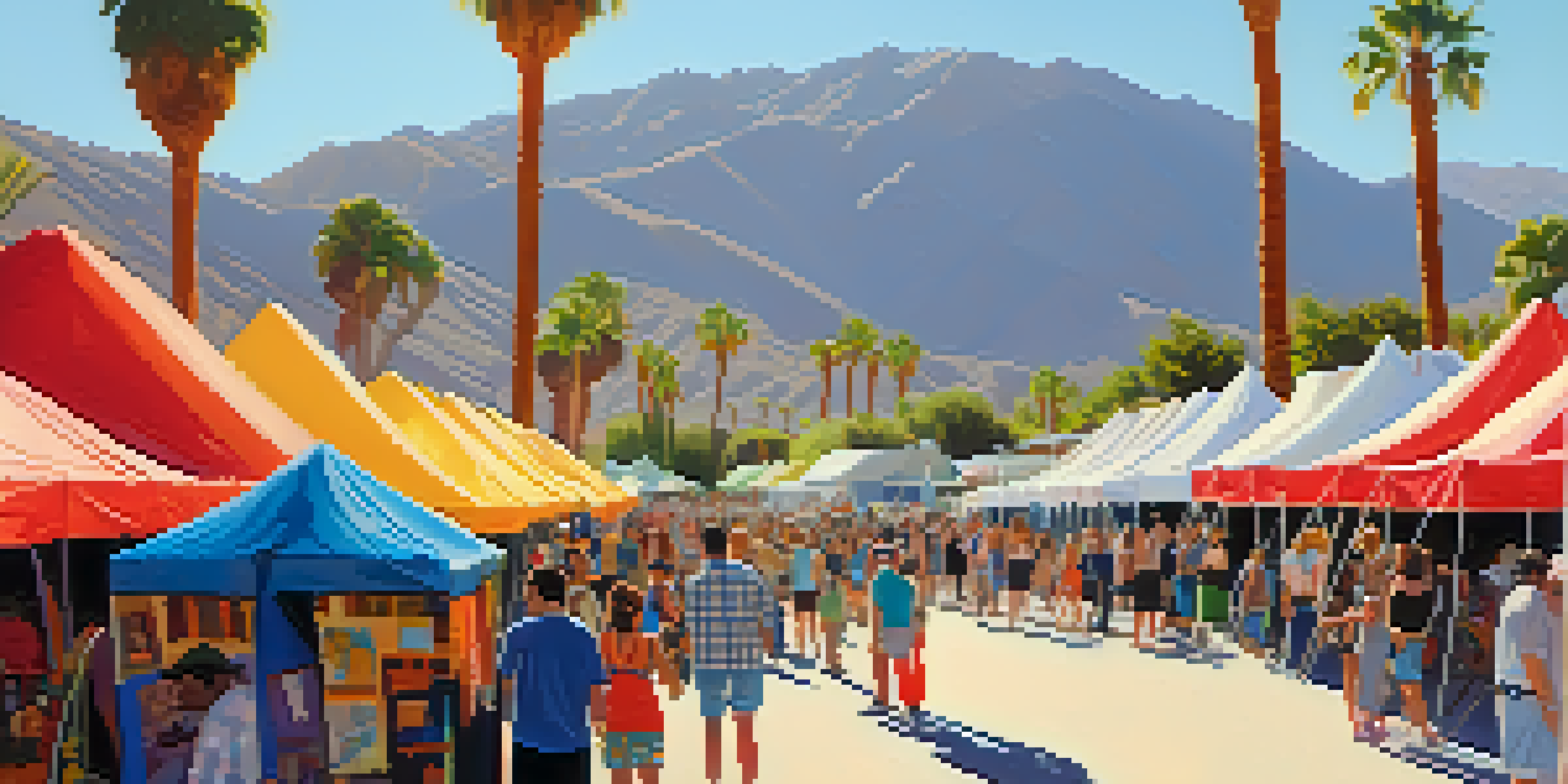 A lively outdoor arts festival with colorful tents, artists painting, and people participating in workshops under bright sunlight and palm trees.