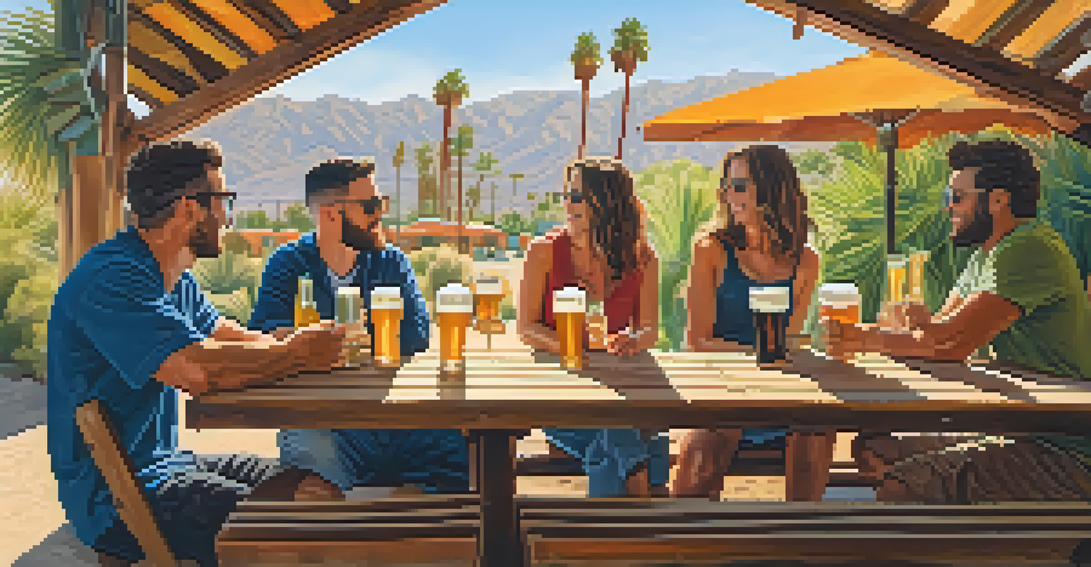 A group of friends enjoying craft beers at an outdoor brewery with palm trees and a colorful mural in the background.