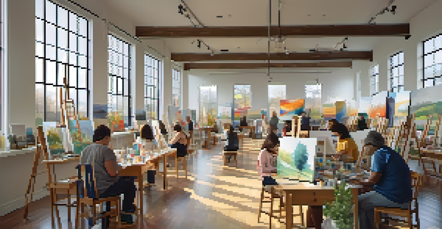 A welcoming indoor art workshop with participants of various ages painting on canvases, surrounded by art supplies and vibrant artwork on the walls.