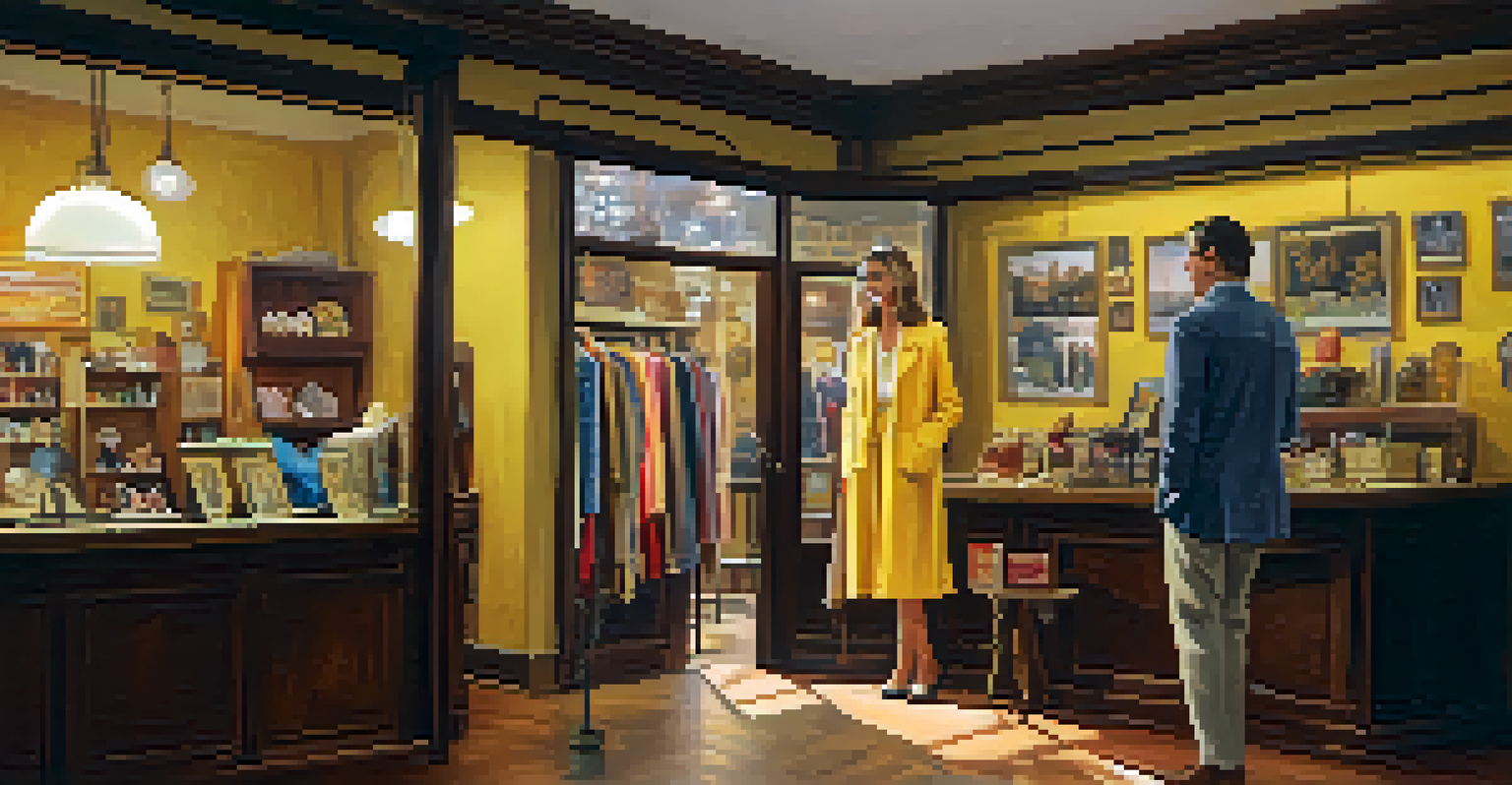 Inside a vintage shop called 'The Frippery' showcasing colorful vintage clothing and accessories, with a friendly shop owner helping a customer.