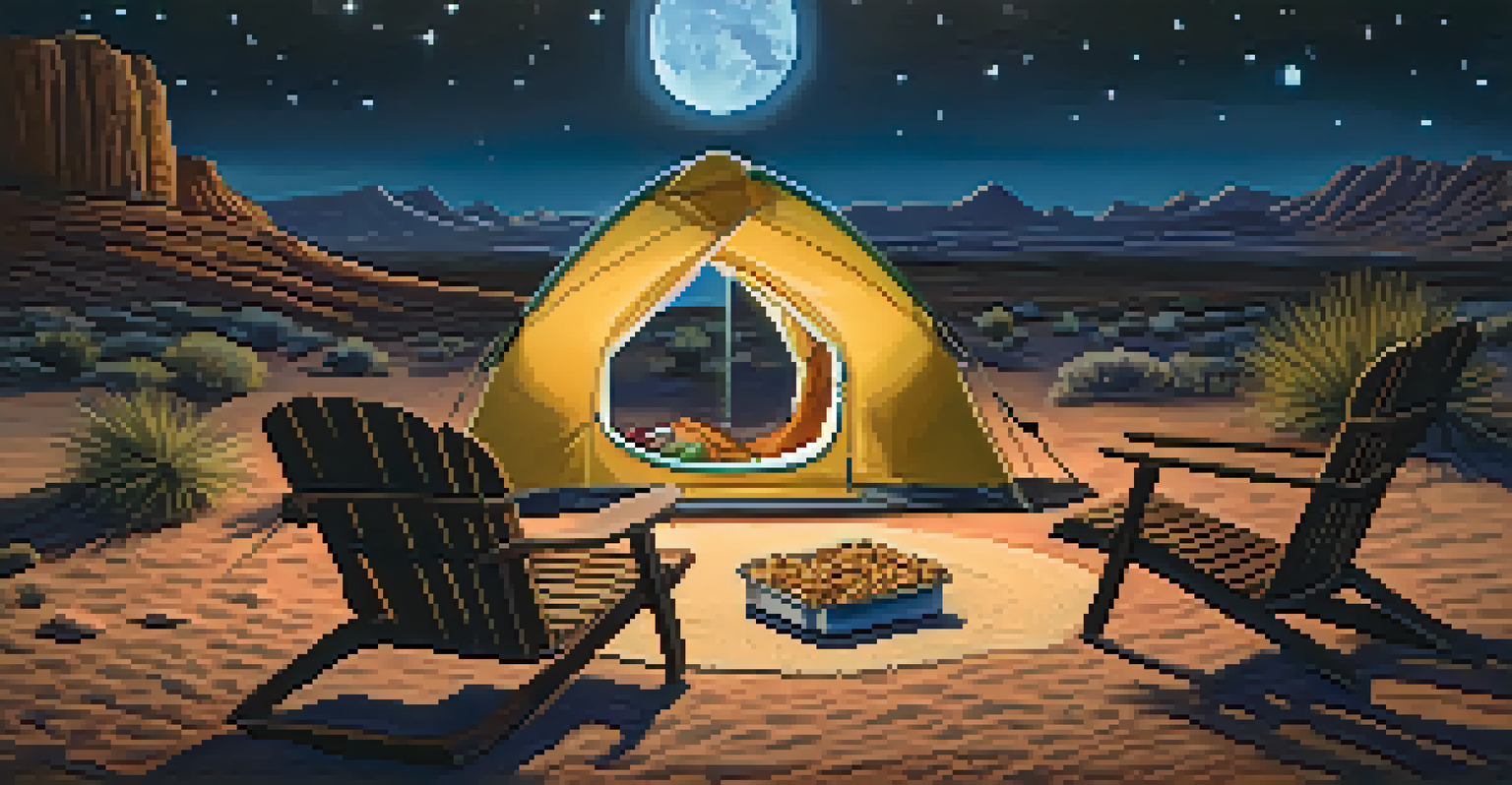 A reclining chair in a desert setting under the stars, with a thermos and snacks on a table, creating a cozy stargazing scene.