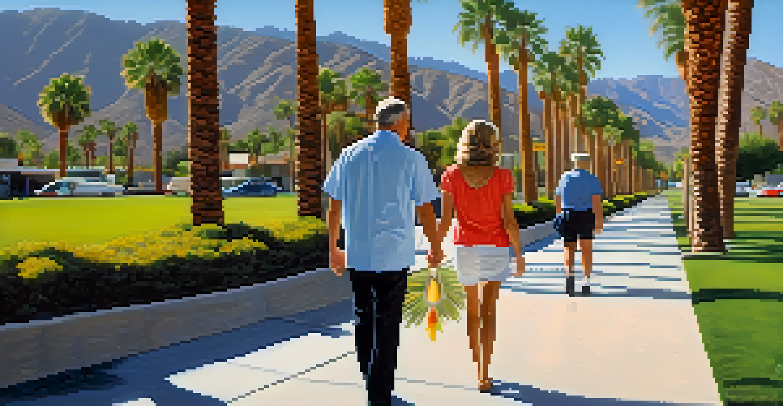 The Walk of Stars in Palm Springs, showcasing embedded stars on a sidewalk with palm trees and mountains in the background, as visitors stroll.