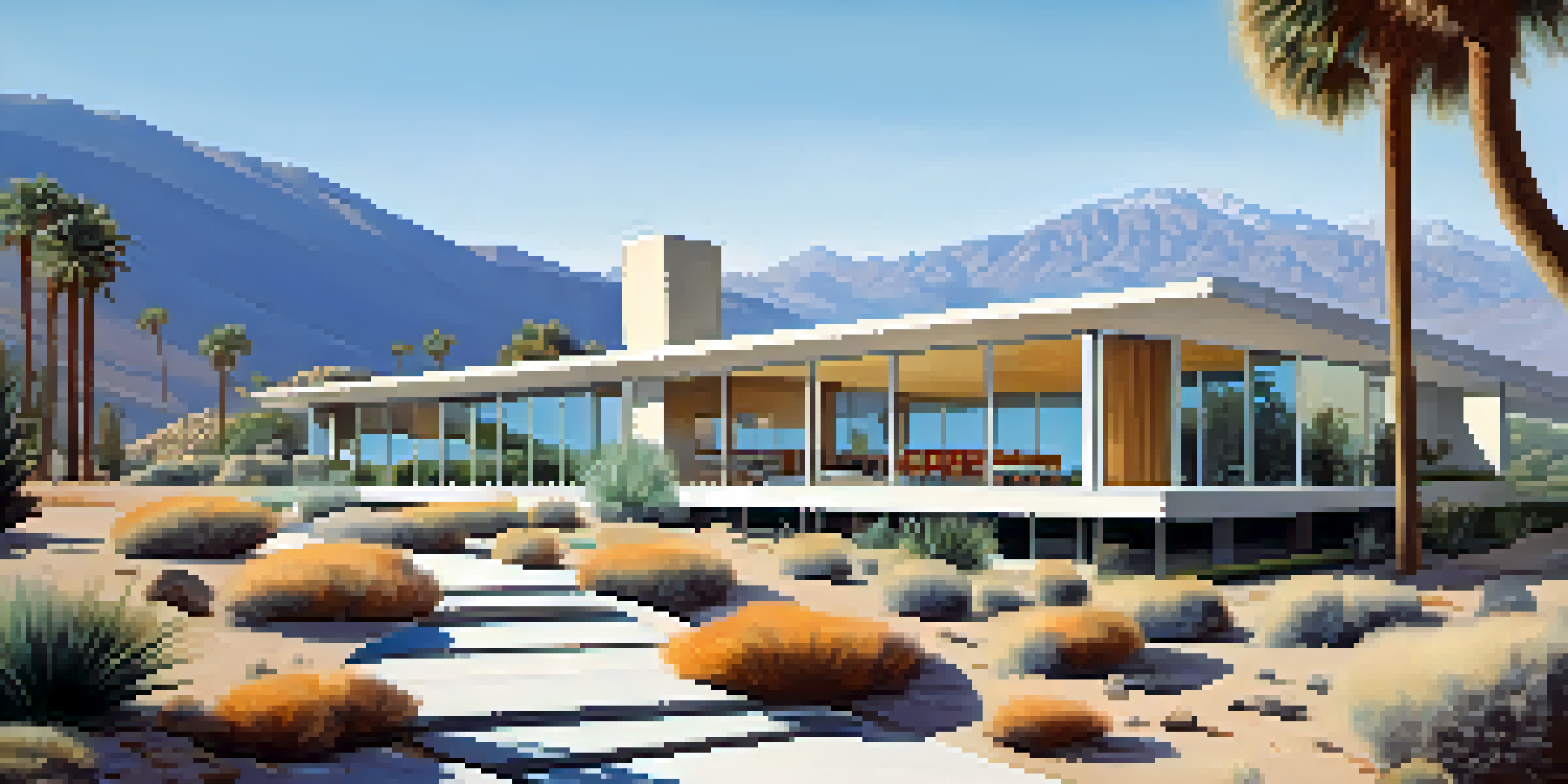 A modern house with large glass windows set against mountain scenery and desert plants.
