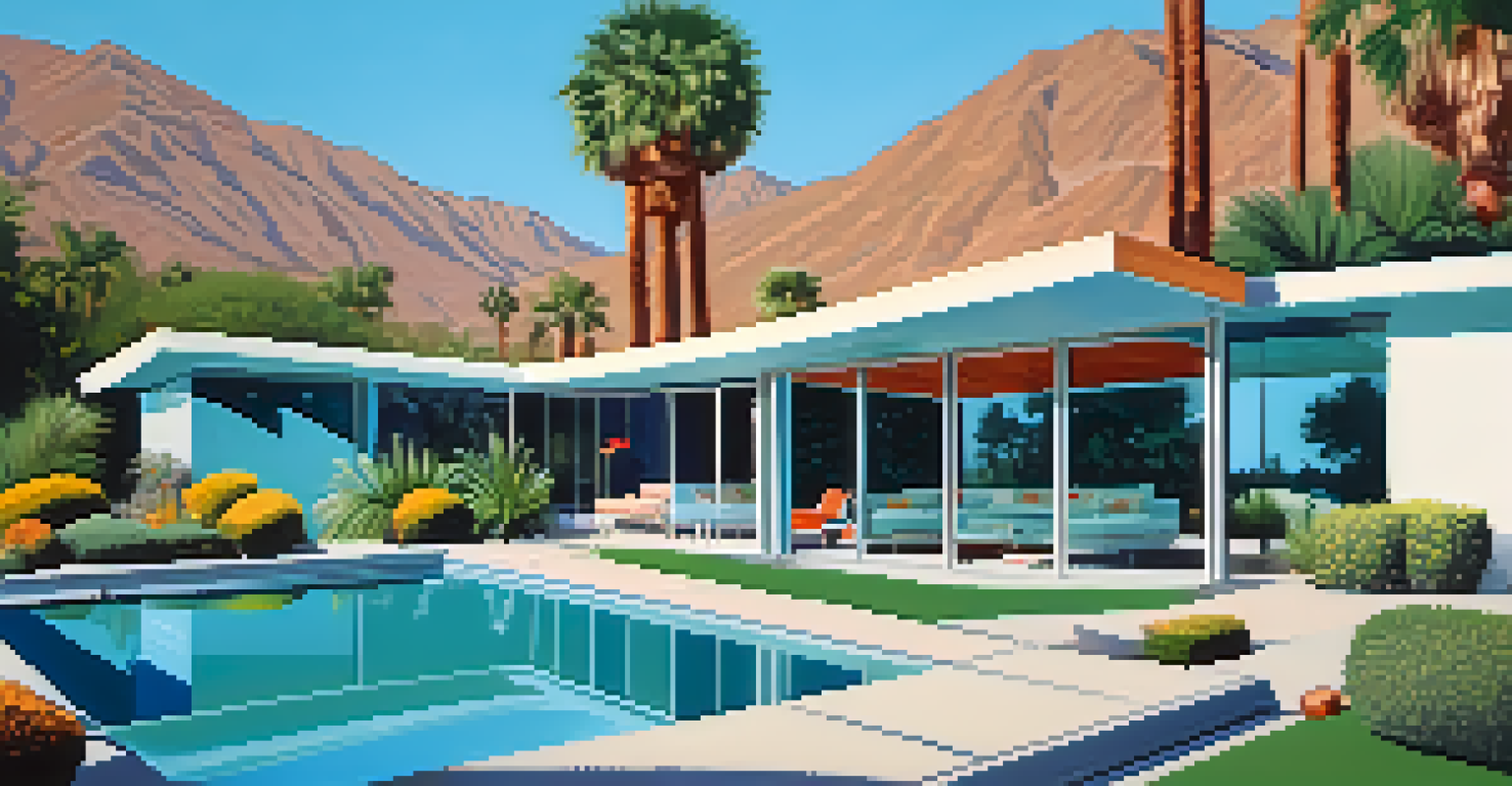 A mid-century modern home in Palm Springs with a pool and large windows set against a blue sky.