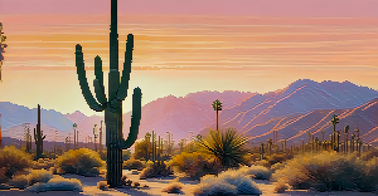 A tall saguaro cactus in the desert at sunset, with smaller cacti around it and a colorful sky.