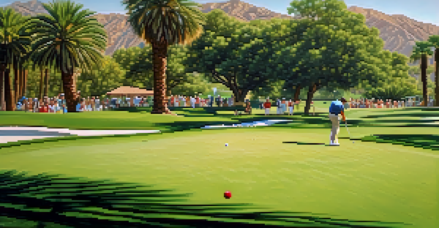 Close-up of a golfer preparing to tee off on a lush golf course in Palm Springs, with bright sunlight and greenery in the background.