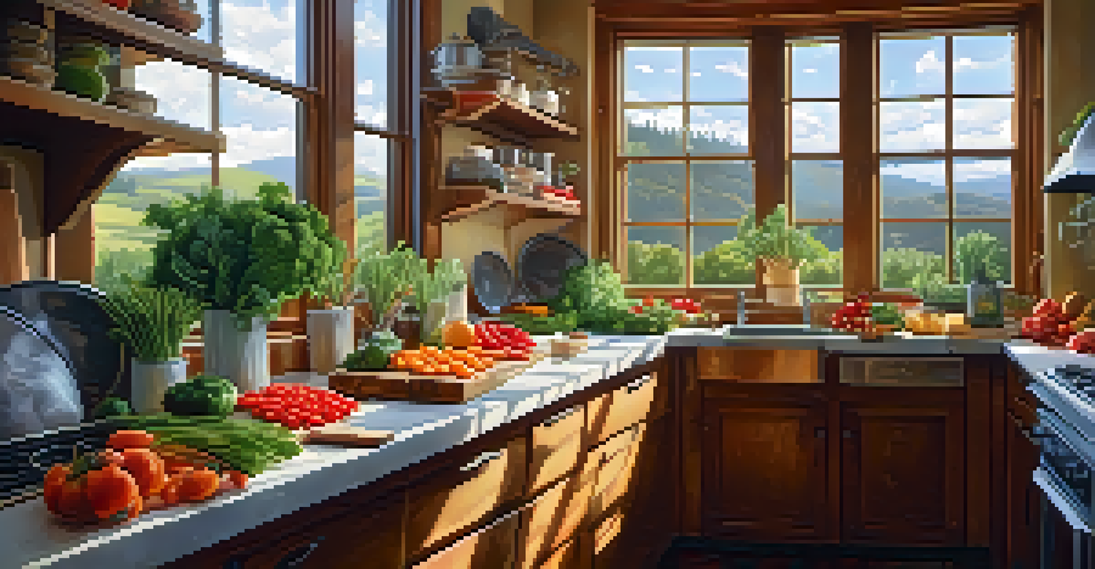 A home kitchen with fresh vegetables and herbs on the counter, a person preparing a meal with warm sunlight streaming through the window.