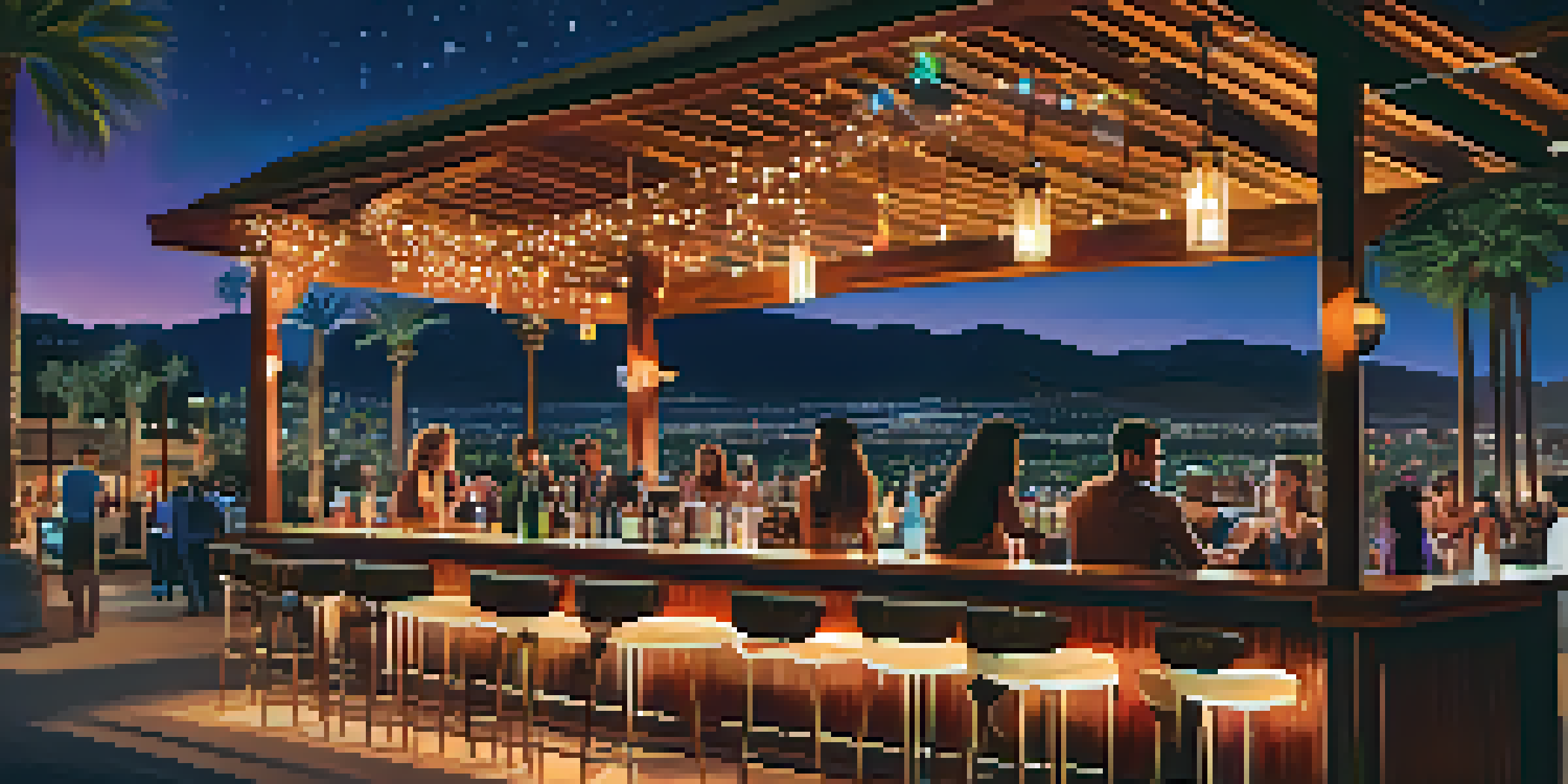 An outdoor bar scene in Palm Springs at night with colorful cocktails and twinkling lights, surrounded by palm trees and mountains.