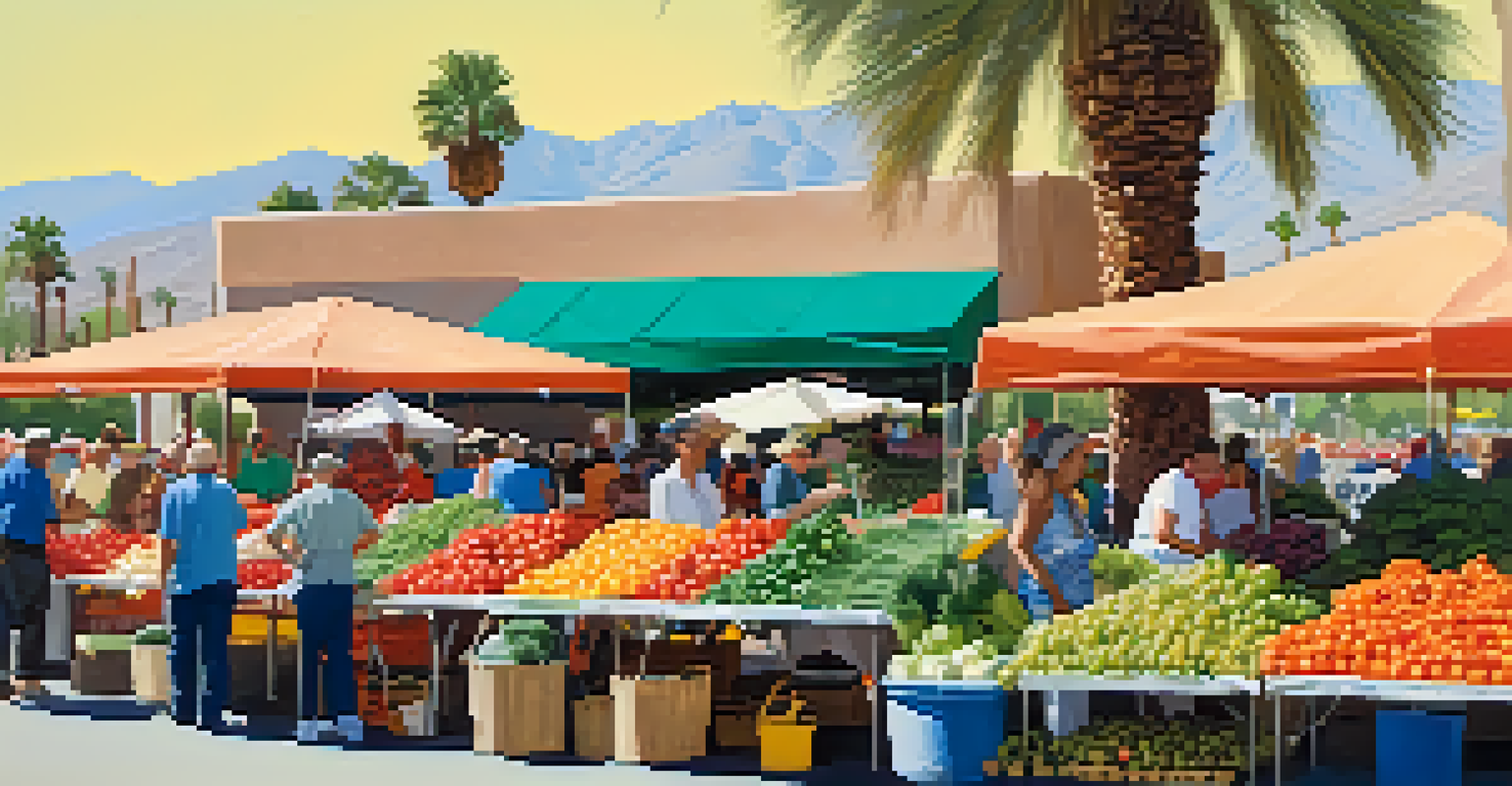 A lively farmers' market in Palm Springs with local farmers selling fresh produce and residents browsing under palm trees.