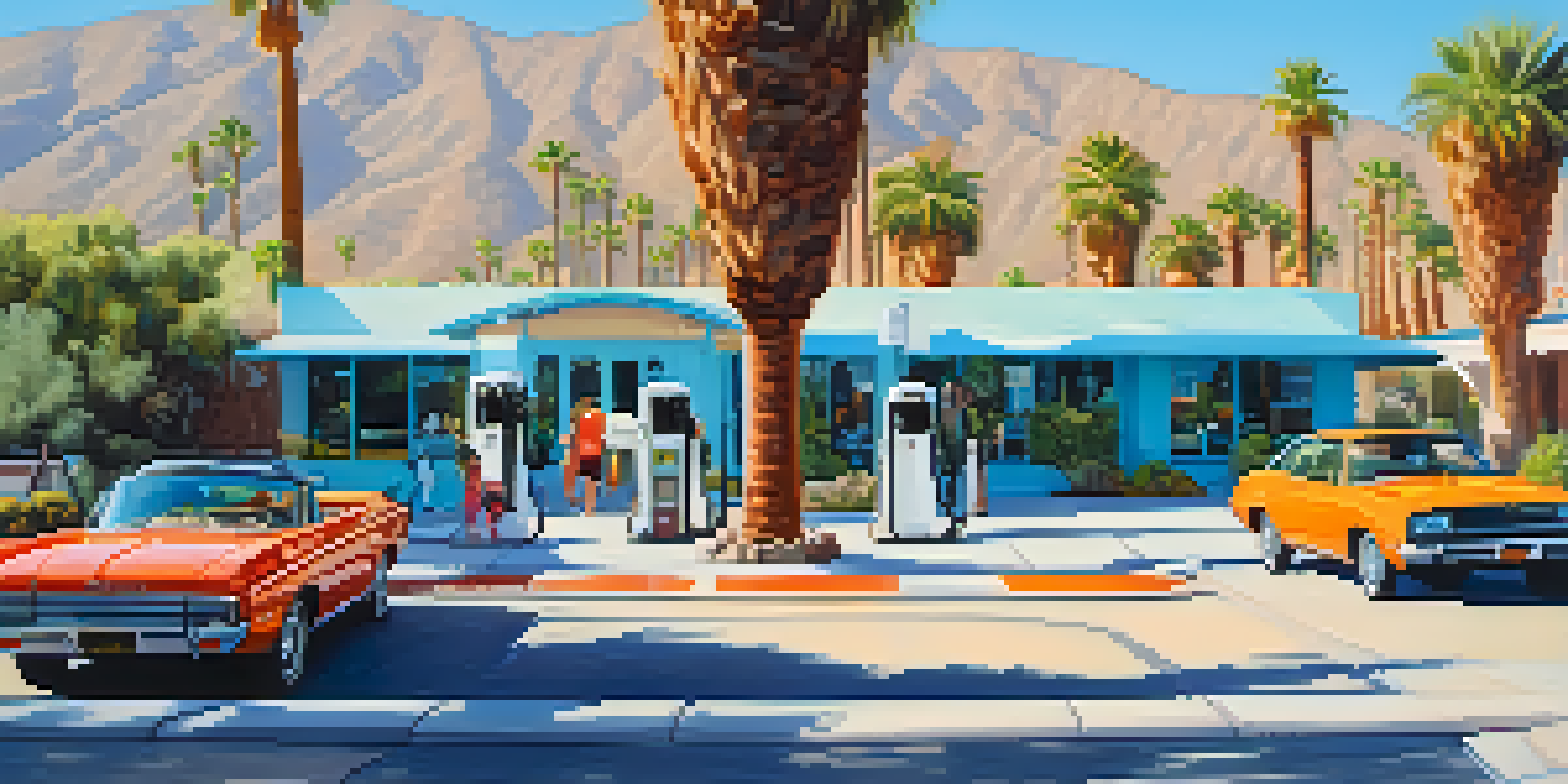 A sunny Palm Springs street featuring palm trees and electric vehicles parked next to solar-powered charging stations.