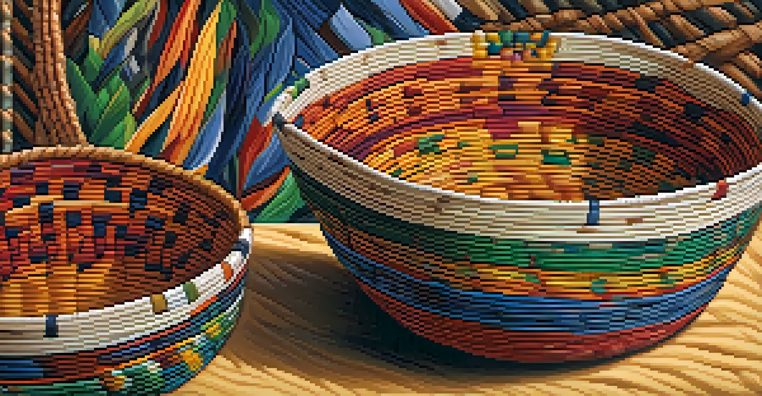 A close-up of a beautifully woven Cahuilla basket with intricate patterns and vibrant colors set against a textured desert background.