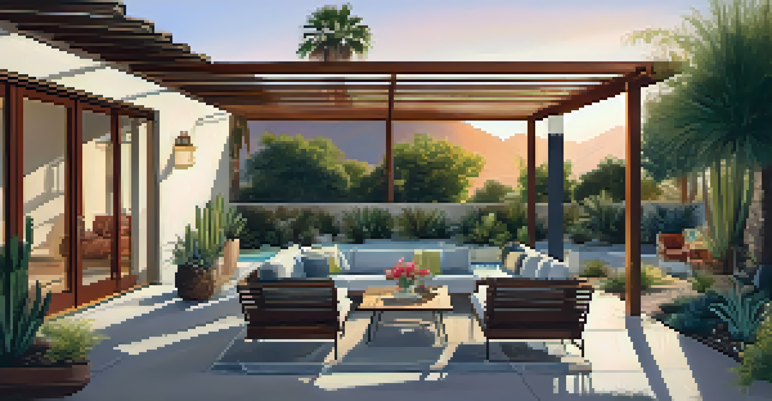An inviting outdoor living space in Palm Springs with seating, a pergola, and native plants during sunset.