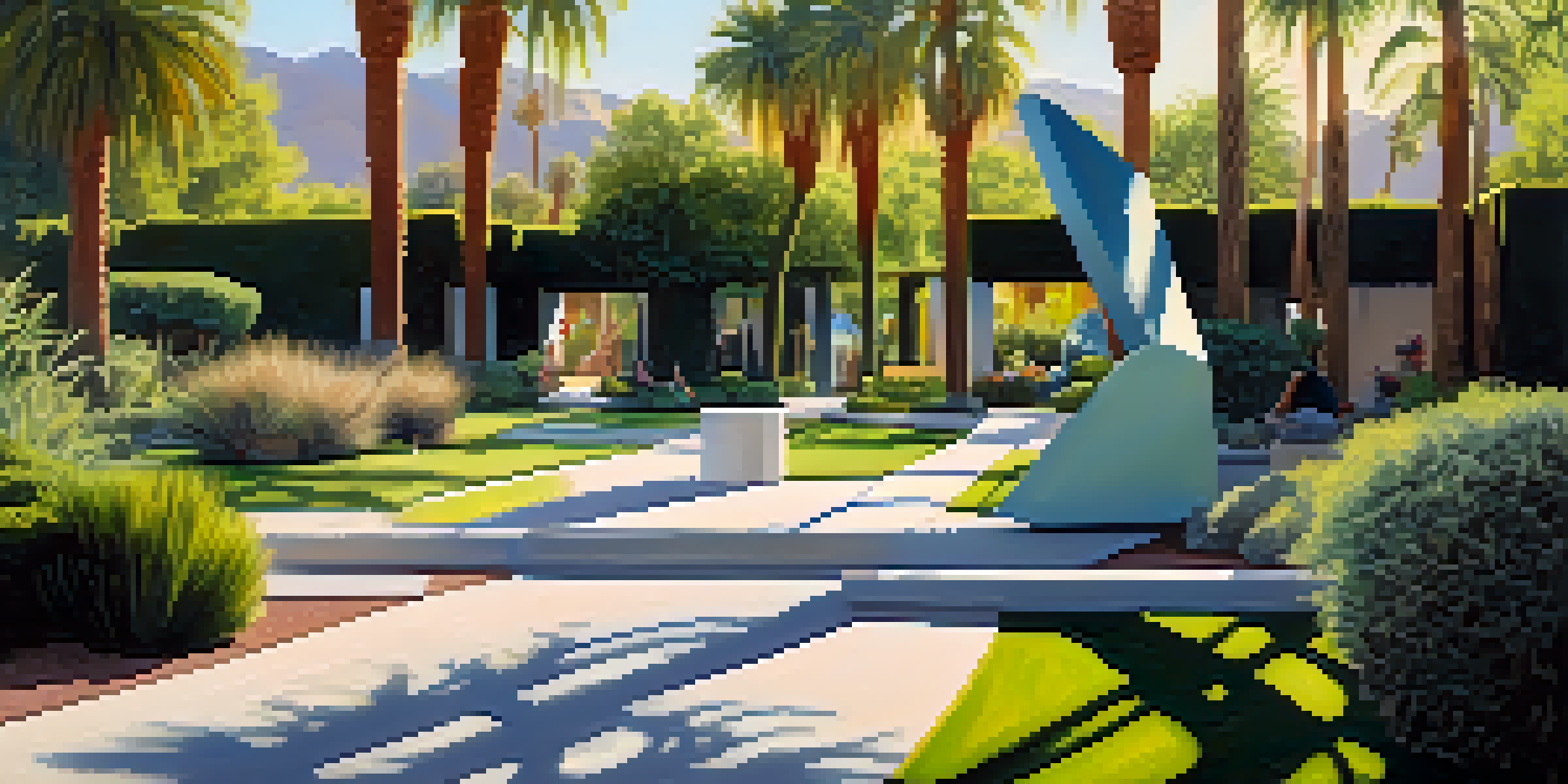 A tranquil garden filled with sculptures, with sunlight filtering through trees and visitors exploring the art.