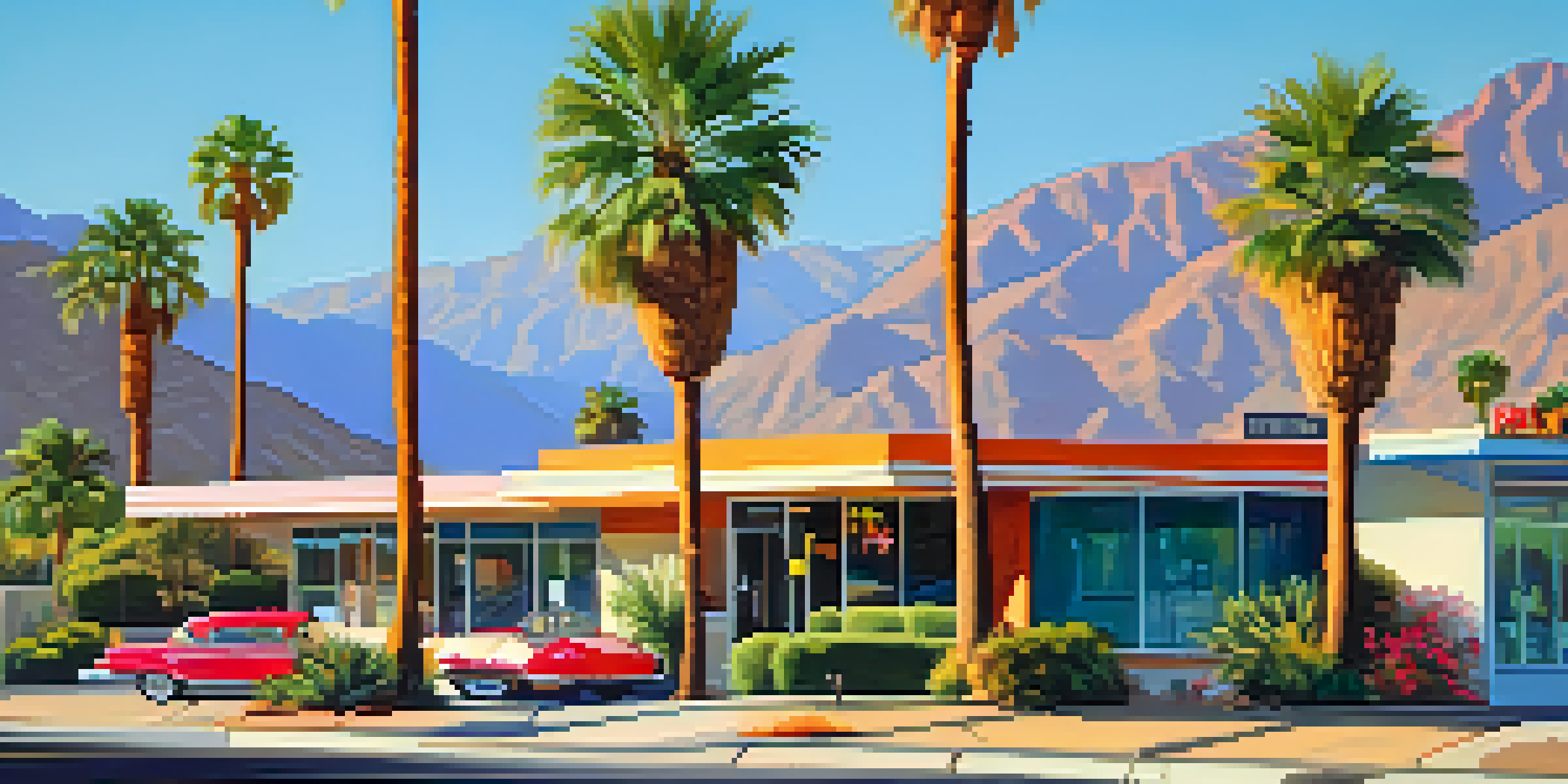 A picturesque street view of Palm Canyon Drive with mid-century modern buildings and the San Jacinto Mountains in the background, filled with palm trees and warm lighting.