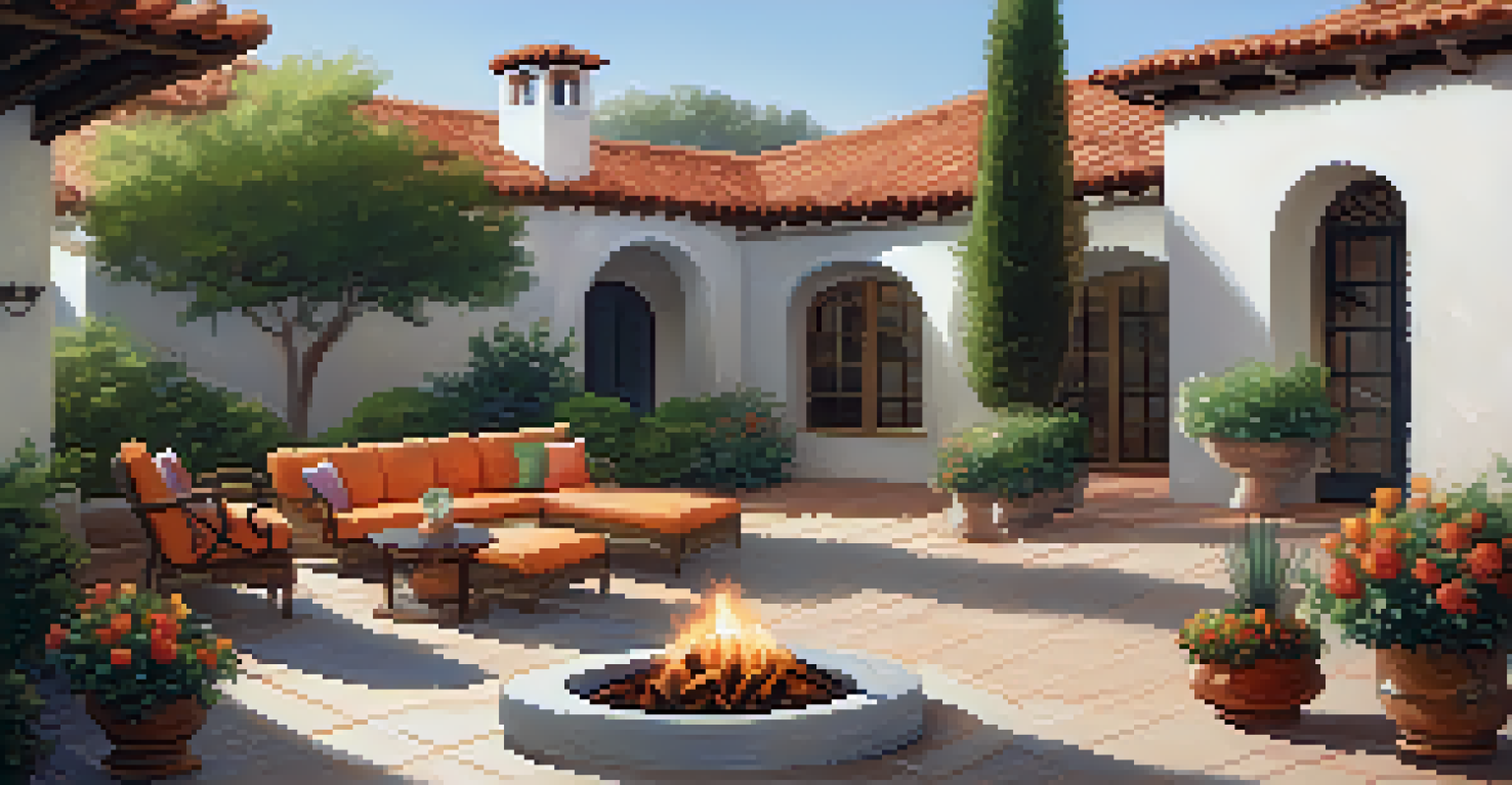 A cozy courtyard at La Serena Villas with Spanish-style architecture, colorful flowers, and a heated pool, creating a romantic atmosphere.