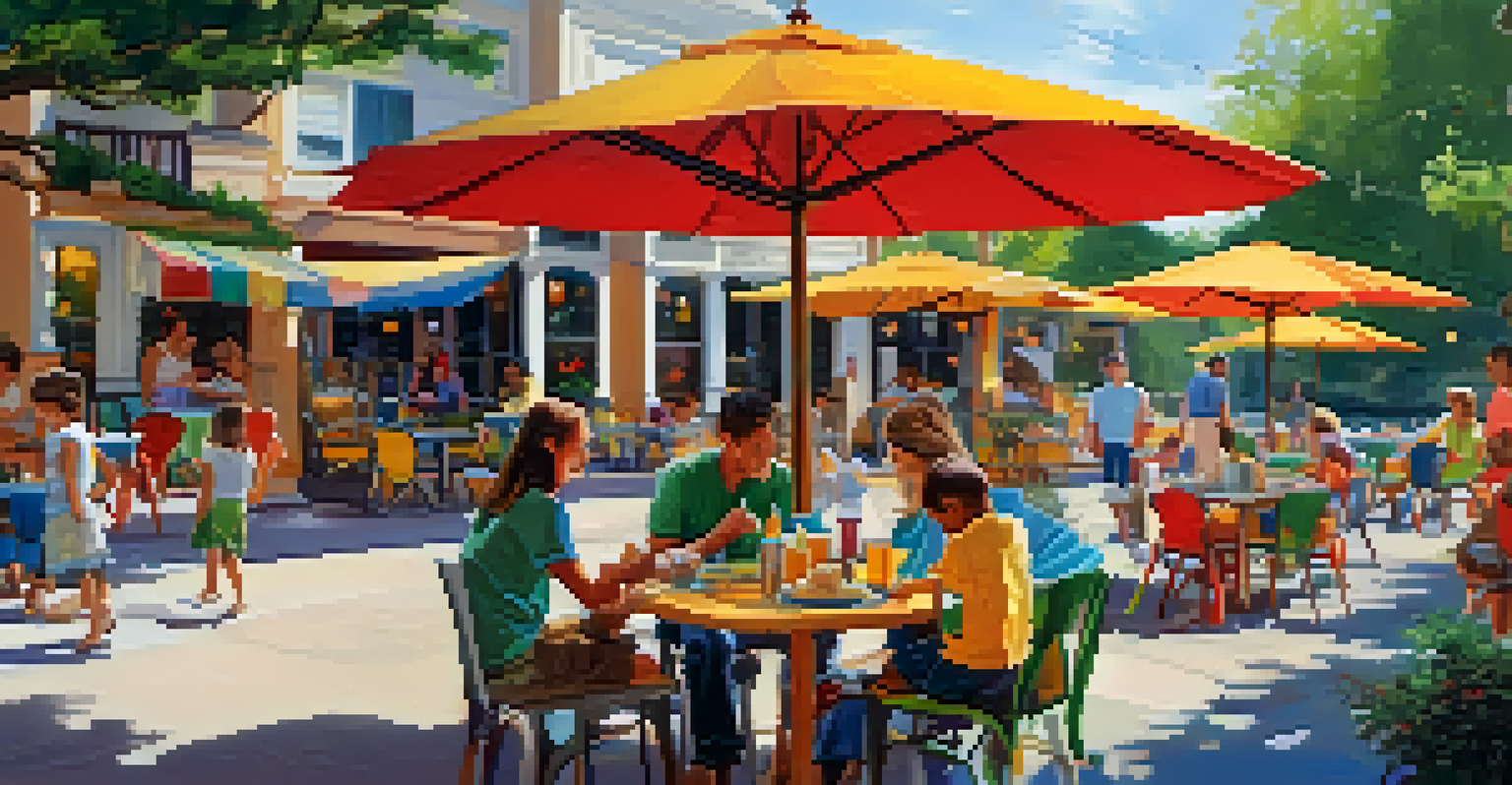 Families dining on a colorful patio with children playing in a nearby area.